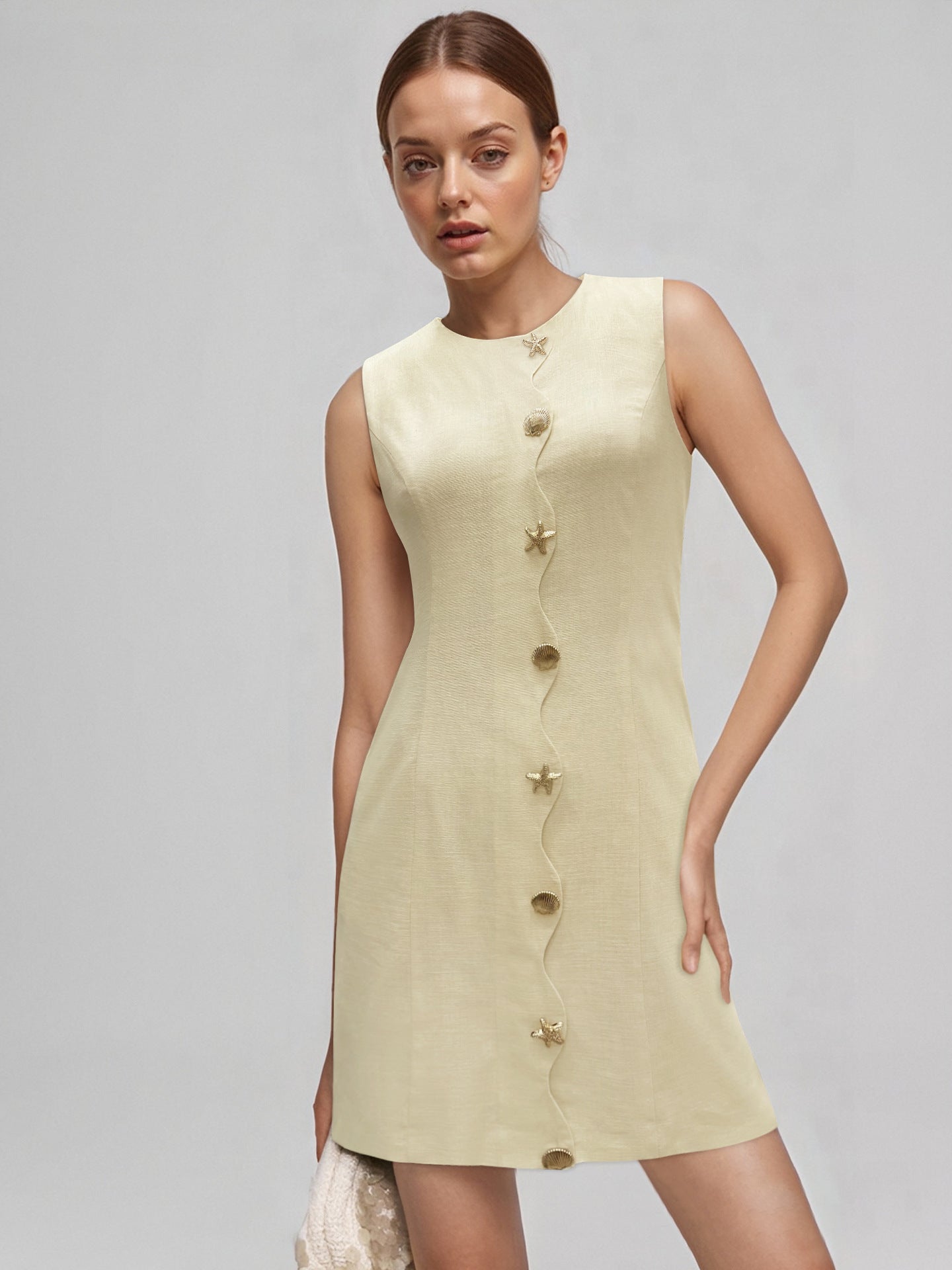O1CN01pcsqxt1zMCJAmNoi0__2217524266699-0-cib PALE YELLOW SLEEVELESS SHELL BUTTON STRAIGHT MINI DRESS
