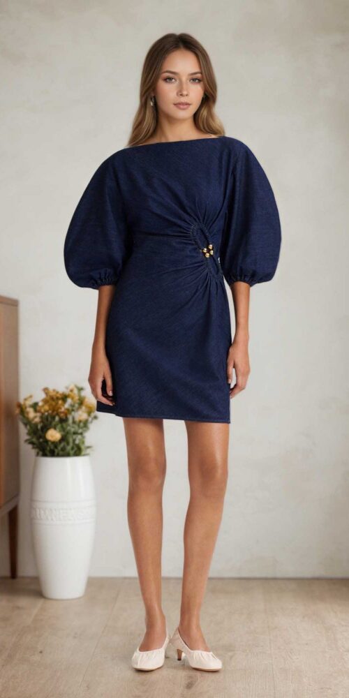 O1CN01pgKzJe1zMCJC1V7Ks__2217524266699-0-cib DARK DENIM BOAT NECK PUFF SLEEVE SIDE RUCHED GOLD BUTTON MINI DRESS