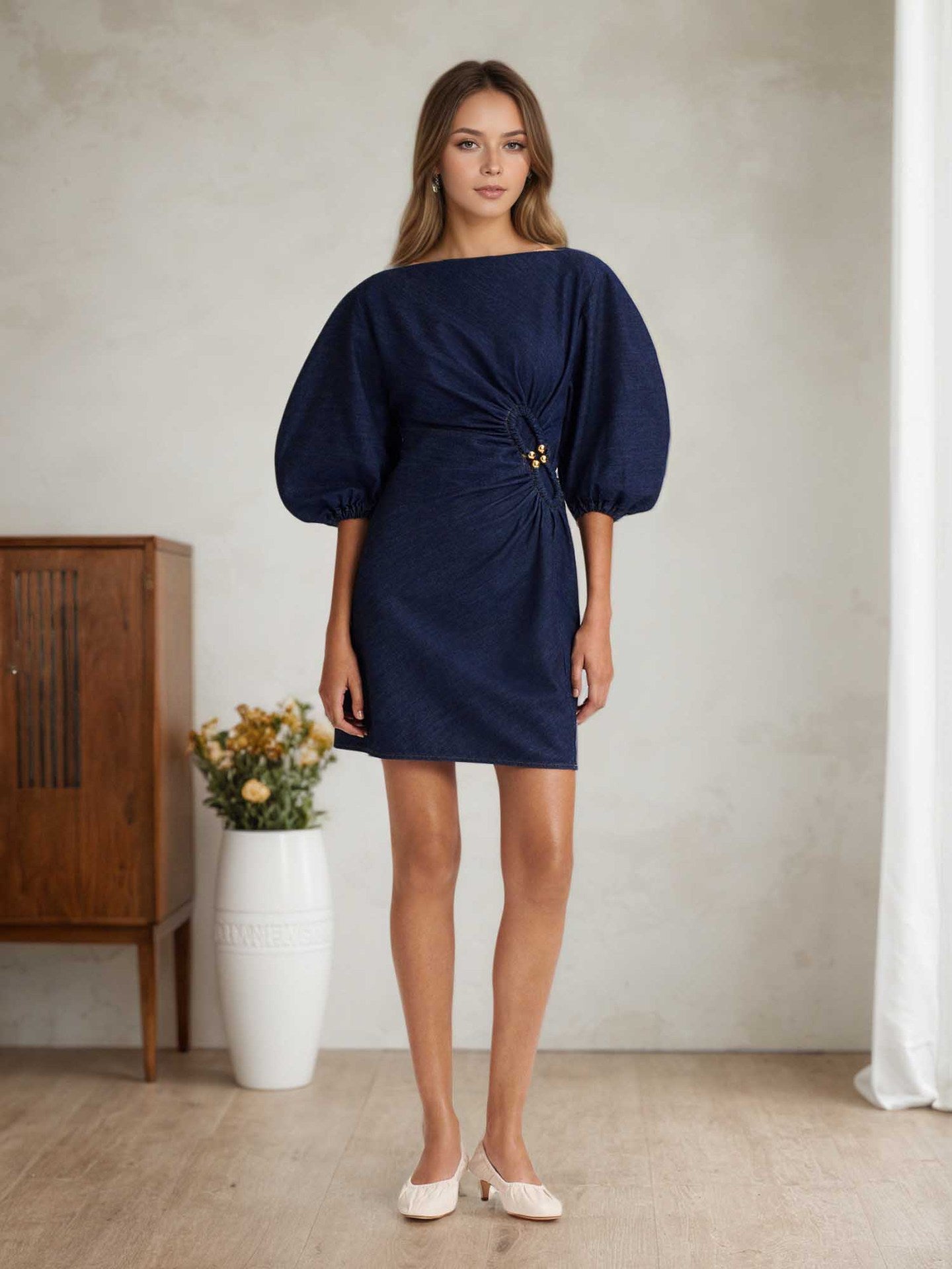O1CN01pgKzJe1zMCJC1V7Ks__2217524266699-0-cib DARK DENIM BOAT NECK PUFF SLEEVE SIDE RUCHED GOLD BUTTON MINI DRESS