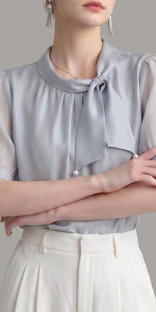 PEARL DECOR TIE NECK PUFF SHORT SLEEVE SATIN BLOUSE