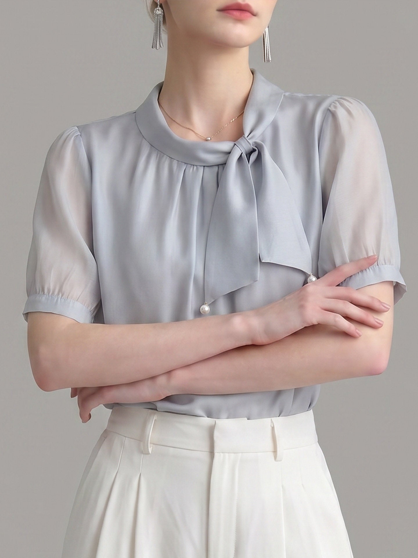 O1CN01qKU0SN1fP8c22KFvM__163593998 PEARL DECOR TIE NECK PUFF SHORT SLEEVE SATIN BLOUSE