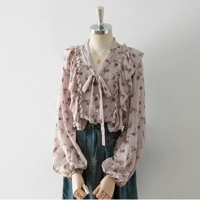 O1CN01qTRdZb1fP8Sy9TlFt__163593998 V-NECK BOW RUFFLE FLORAL PUFF-SLEEVE BLOUSE