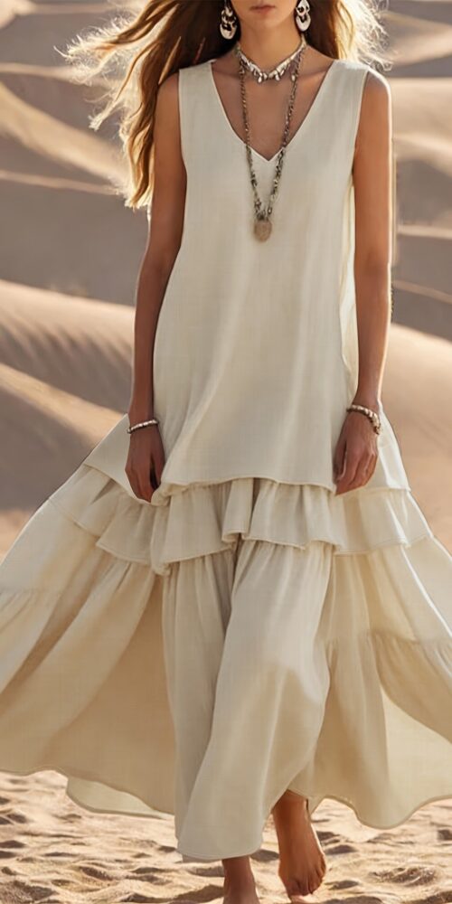 SLEEVELESS V-NECK TIERED RUFFLE MAXI DRESS