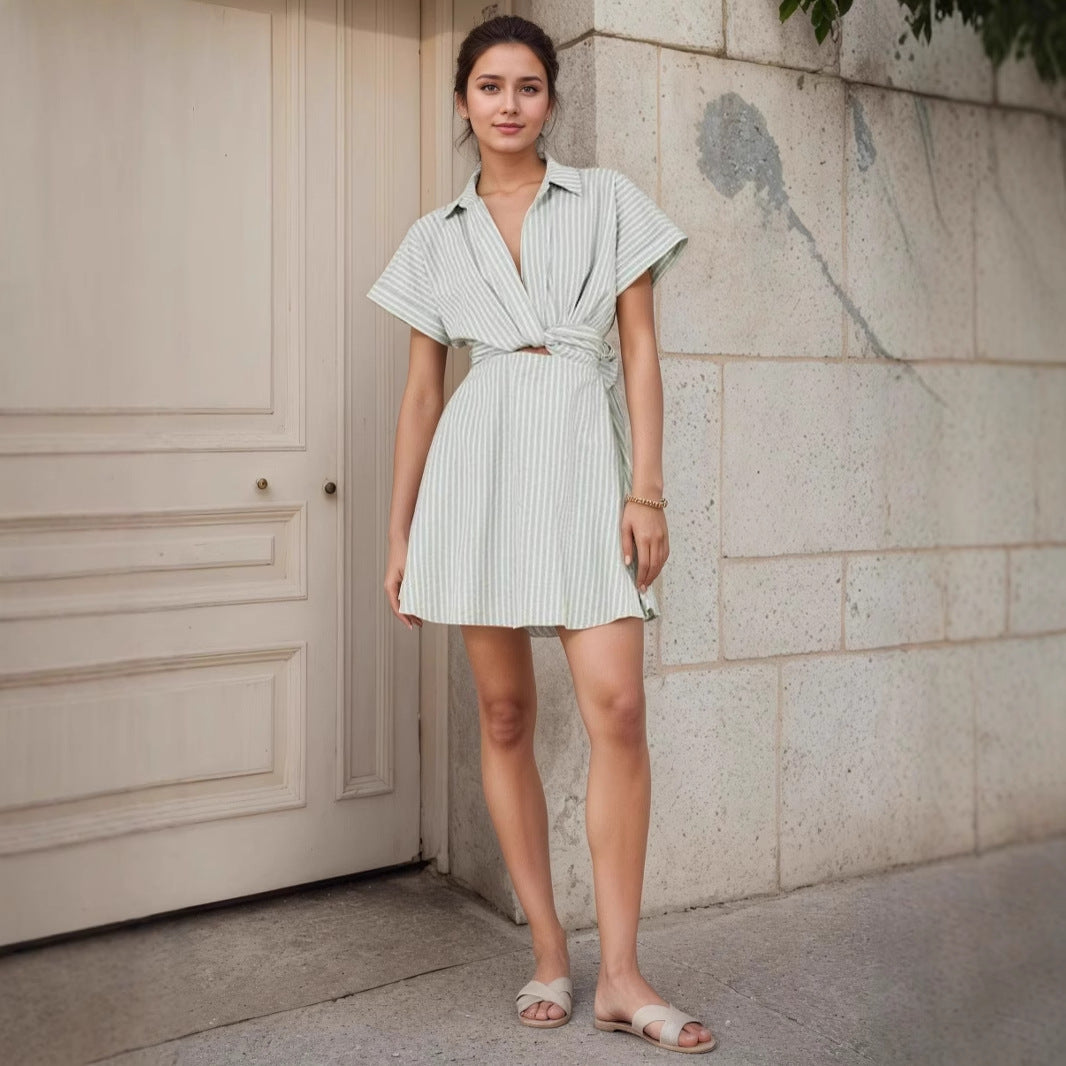 O1CN01rCK2HZ1zMCIcAYvbR__2217524266699-0-cib MINT WHITE STRIPE COLLARED TWIST WAIST CUTOUT MINI SHIRT DRESS