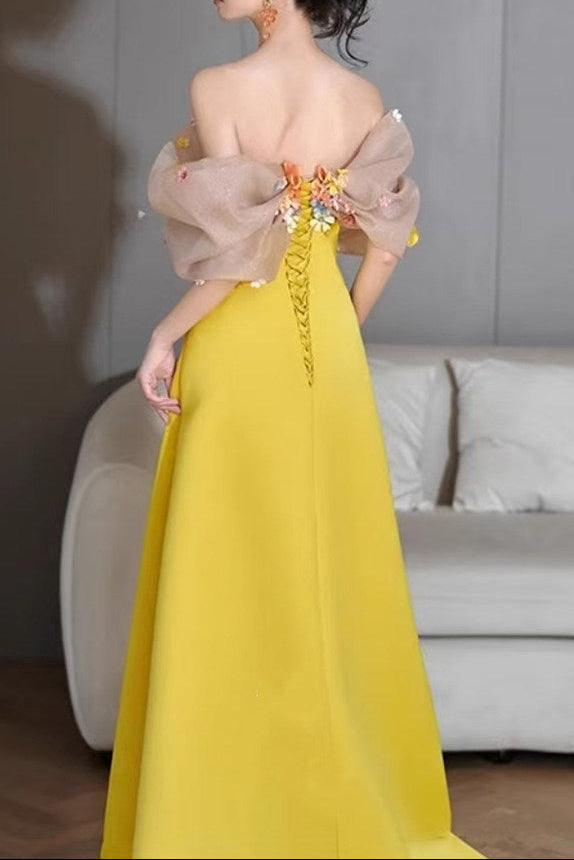O1CN01rMtKNa1cyub9v8jbH__2478323670 BRIGHT YELLOW SATIN STRAPLESS MAXI GOWN WITH 3D COLORFUL FLORAL TULLE BUST