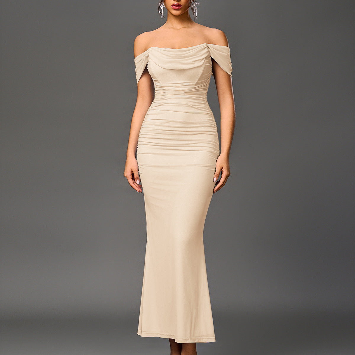 O1CN01rTQNIM23jKmlOkOc2__3423897291-0-cib OFF SHOULDER DRAPED COWL RUCHED MESH MERMAID MAXI DRESS