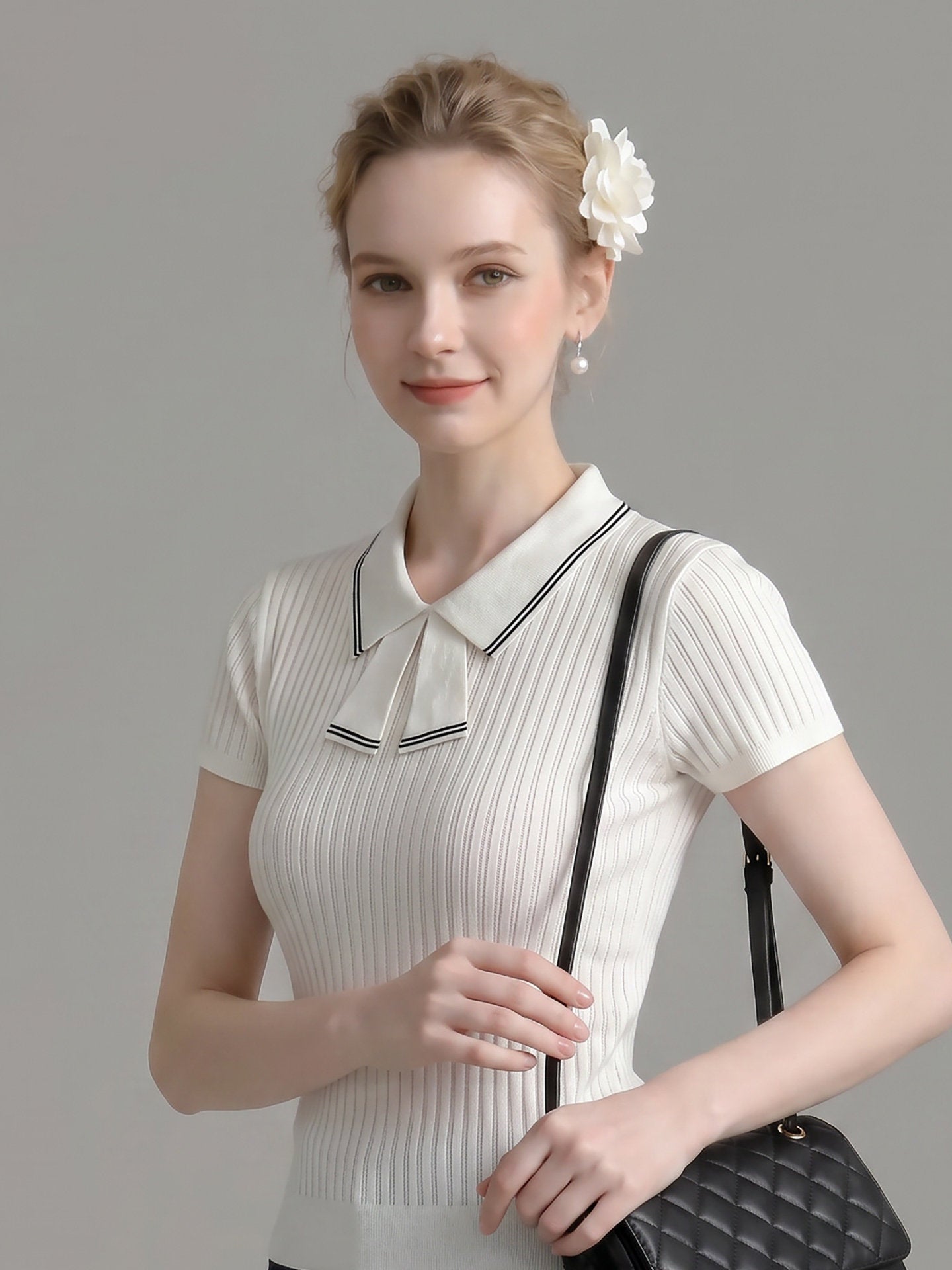 STRIPED BOW TIE KNIT TOP, SHORT SLEEVE CASUAL STYLE
