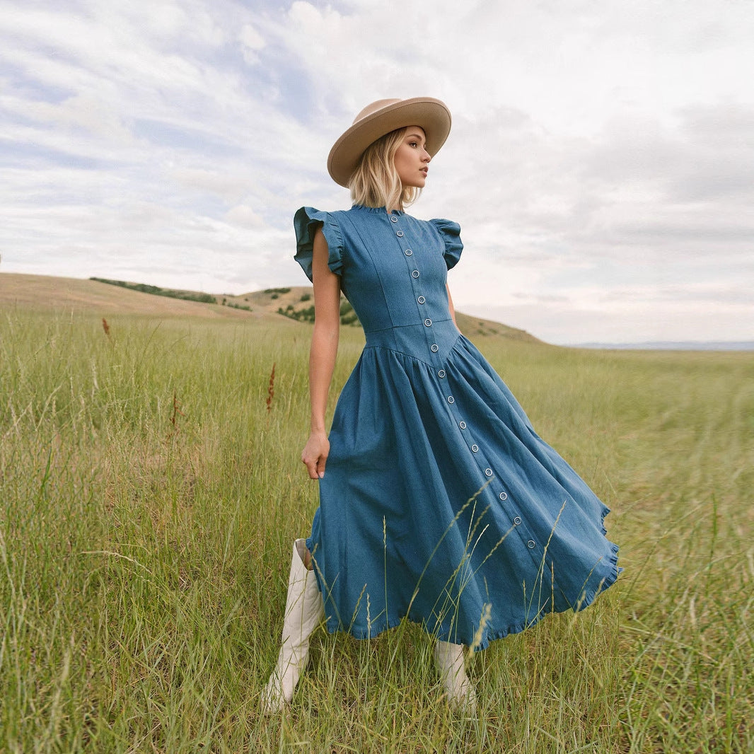 O1CN01s3blpe1zMCIx4juXx__2217524266699-0-cib BLUE RUFFLE CAP SLEEVE BUTTON FRONT FLARED MIDI DRESS