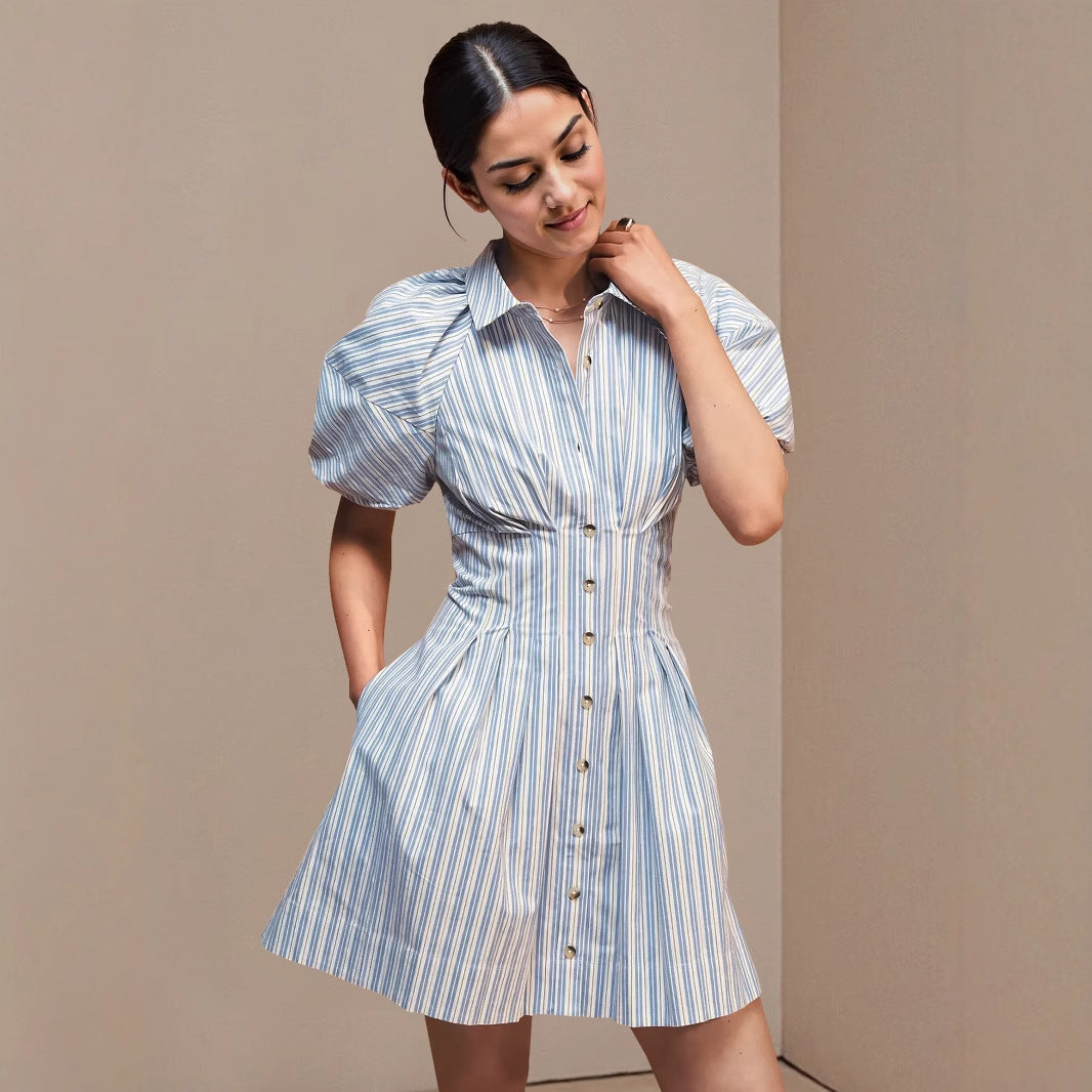 O1CN01sBJKCe1zMCI7GyXSZ__2217524266699-0-cib BLUE STRIPE COLLARED PUFF SLEEVE MINI SHIRT DRESS
