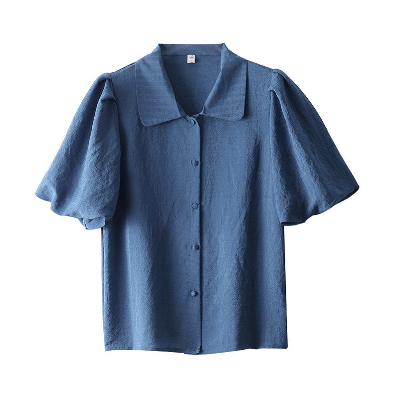 LAPEL BUBBLE SLEEVE TEXTURED BLOUSE FOR WORK