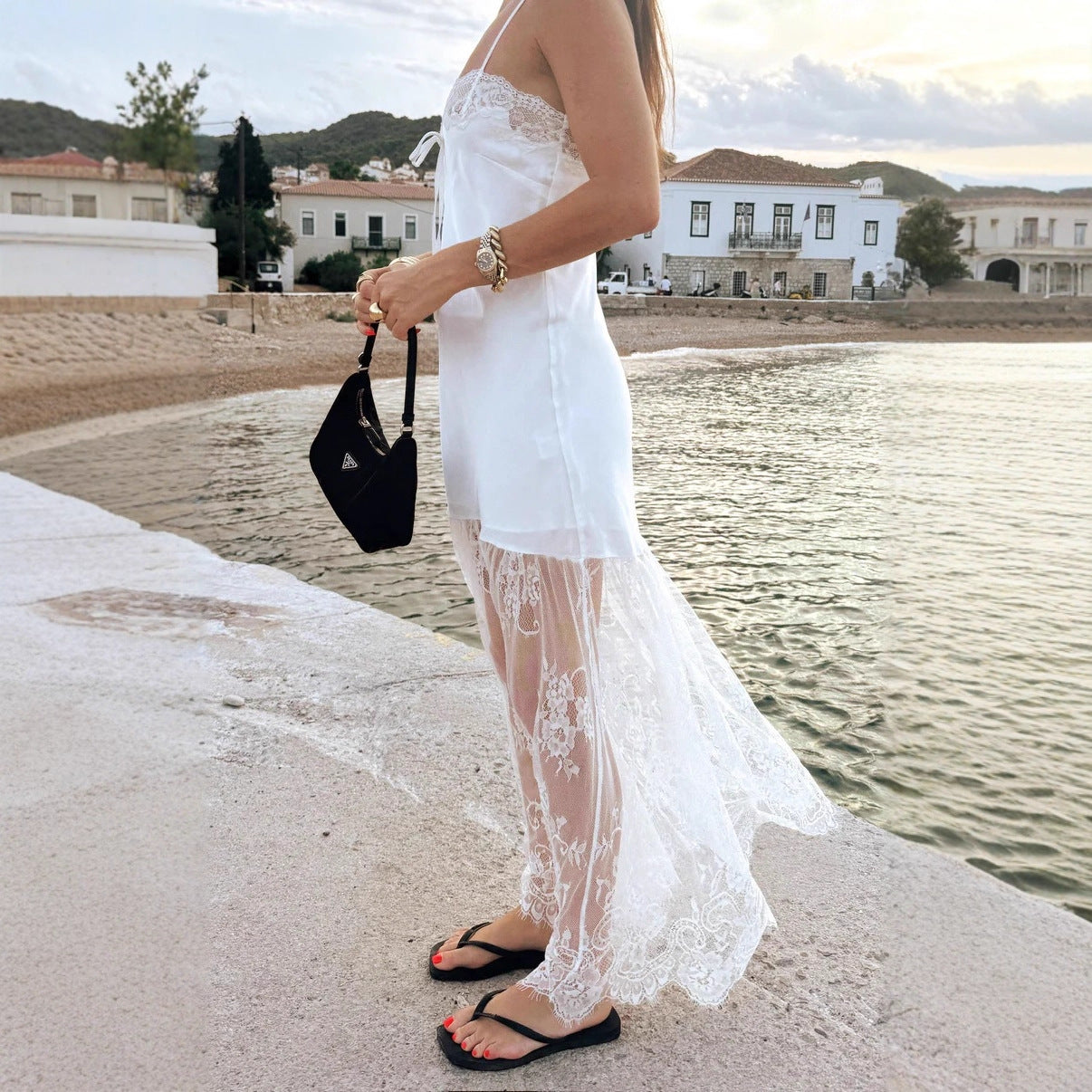 LACE HEM SATIN SLIP MAXI DRESS FOR EVENING
