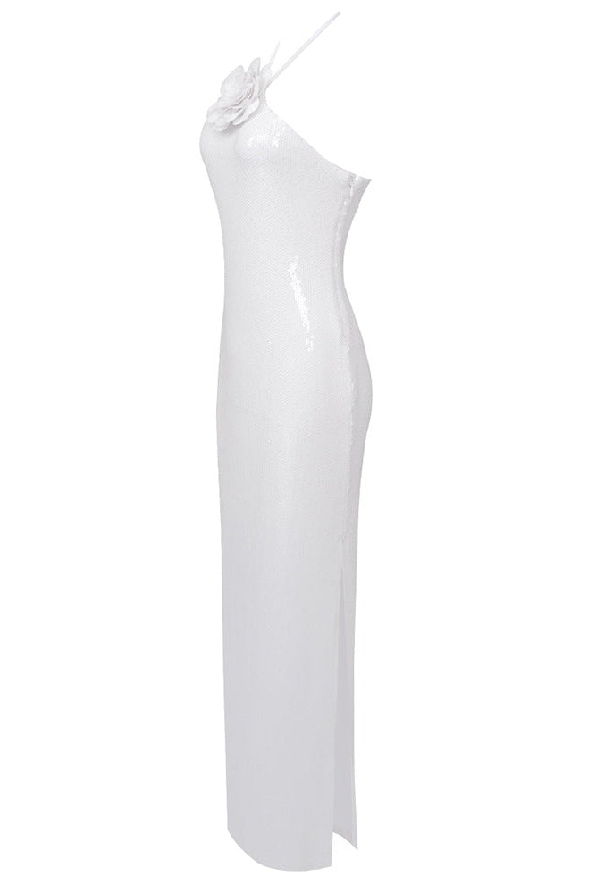WHITE SEQUIN MESH COLUMN DRESS FLOWER EMBELLISHMENT