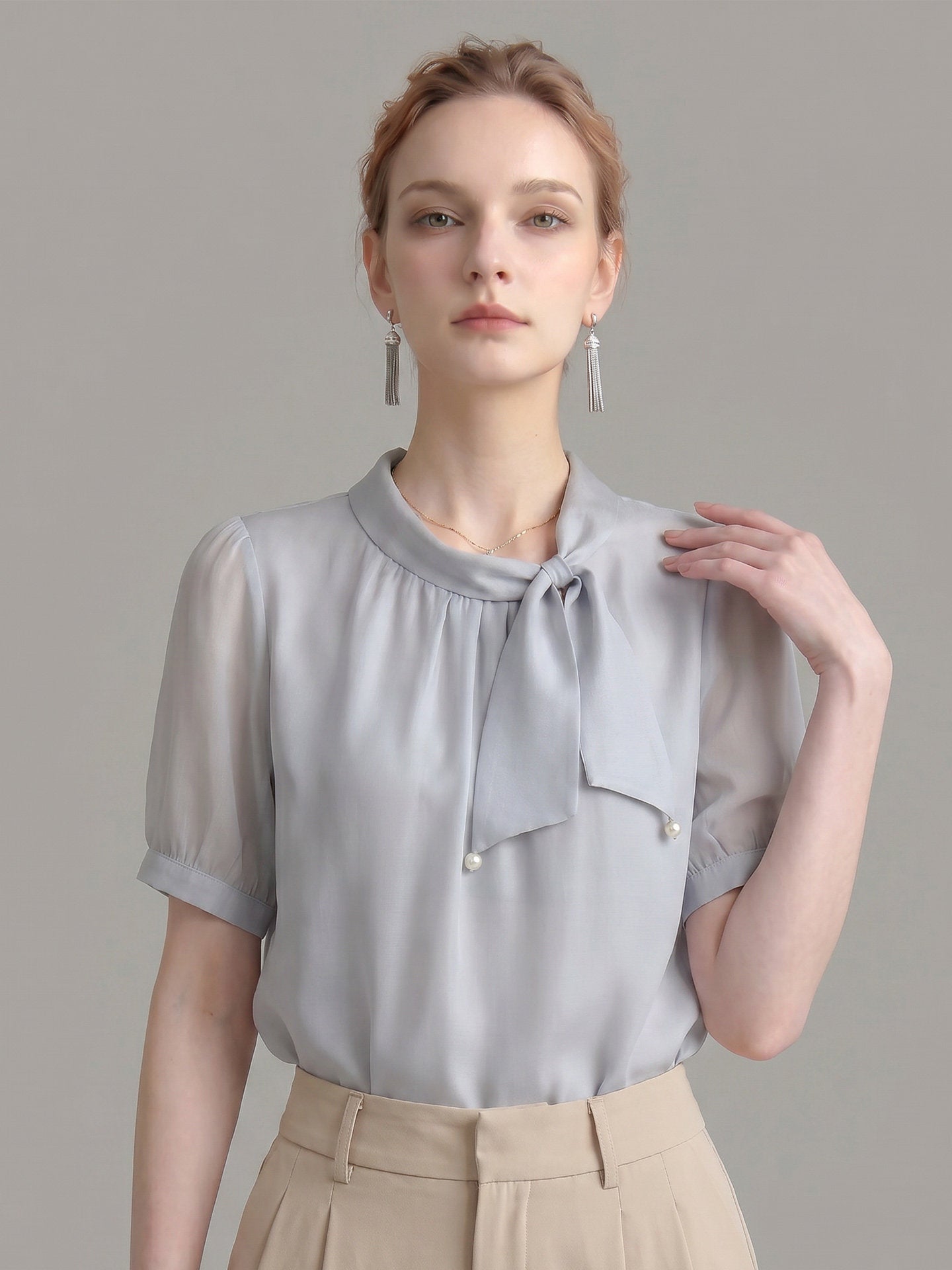 O1CN01tFZ5QN1fP8c5UjqRZ__163593998 PEARL DECOR TIE NECK PUFF SHORT SLEEVE SATIN BLOUSE