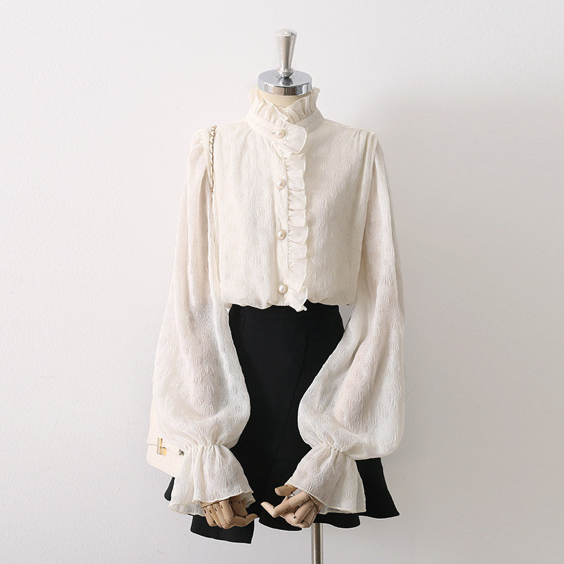 O1CN01tNdCOs1fP8FkuI5xl__163593998 RUFFLED STAND COLLAR PEARL BUTTON LANTERN SLEEVE BLOUSE
