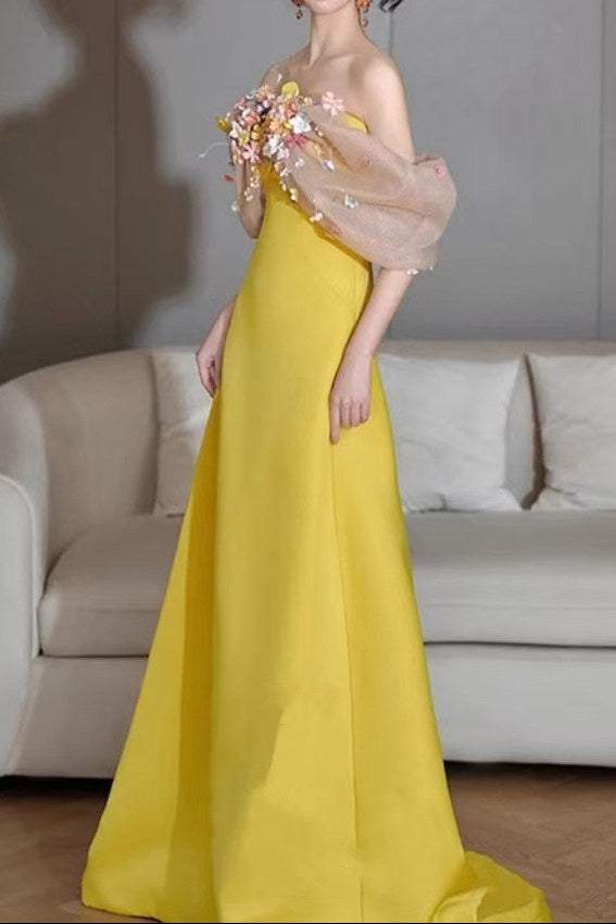 O1CN01tY6dIJ1cyubAB1TDJ__2478323670 BRIGHT YELLOW SATIN STRAPLESS MAXI GOWN WITH 3D COLORFUL FLORAL TULLE BUST