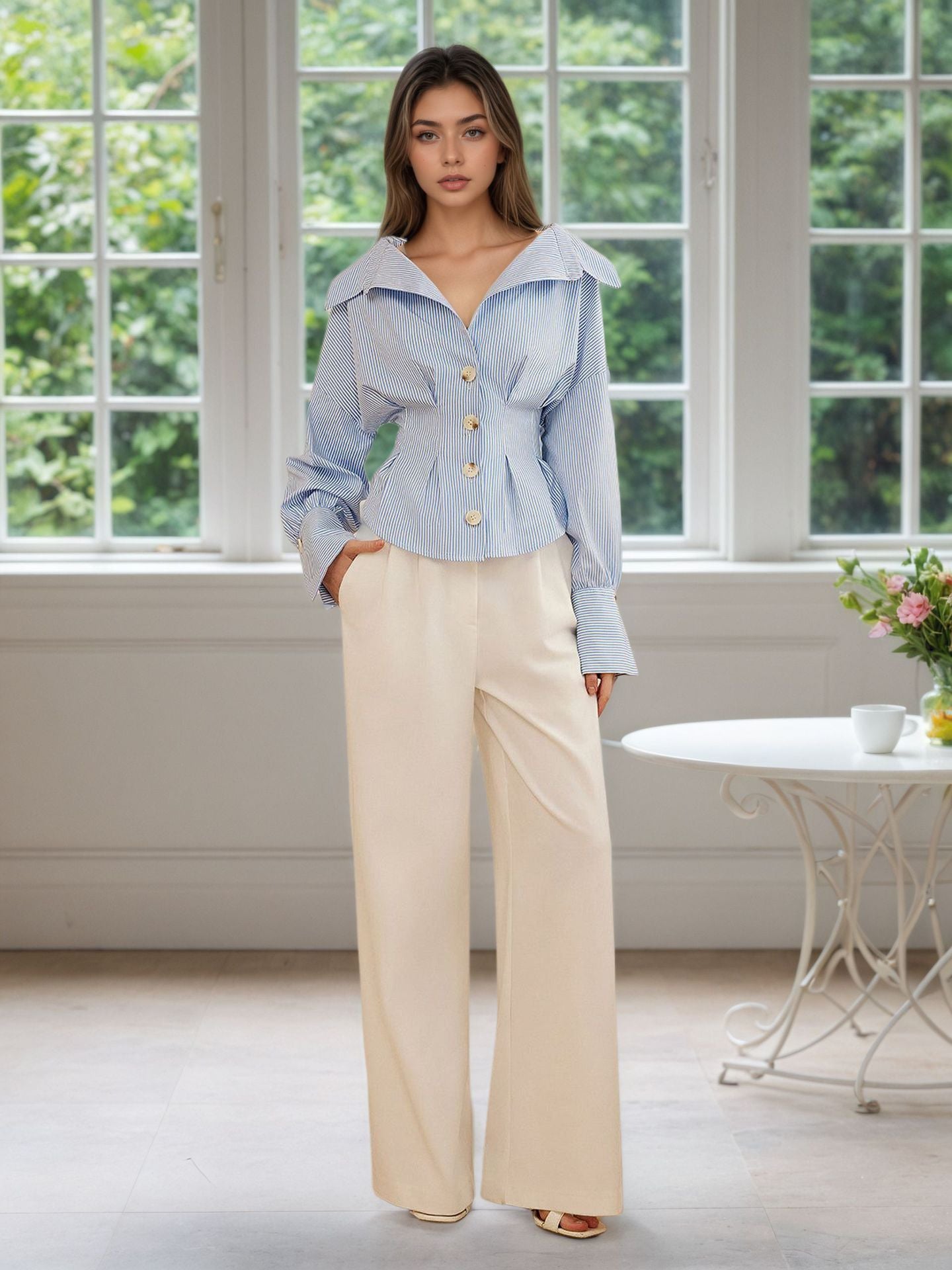 BLUE WHITE STRIPE OFF SHOULDER COLLARED CINCHED WAIST PEPLUM SHIRT