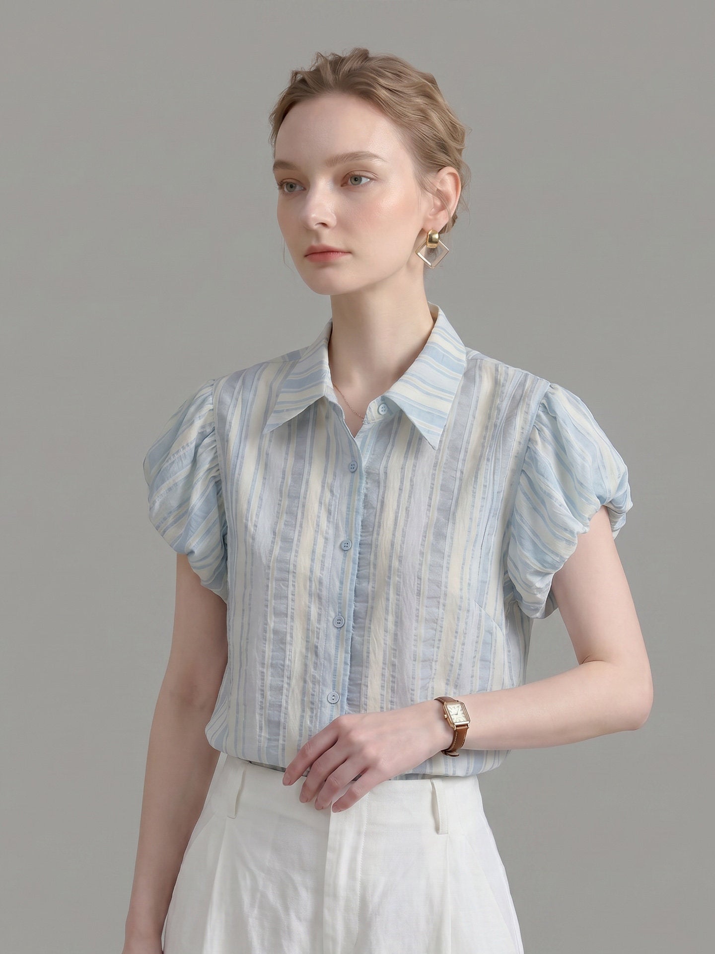 O1CN01u7rRYA1fP8c2Cyae1__163593998 VERTICAL STRIPE PUFF SLEEVE POINT COLLAR WORK SHIRT