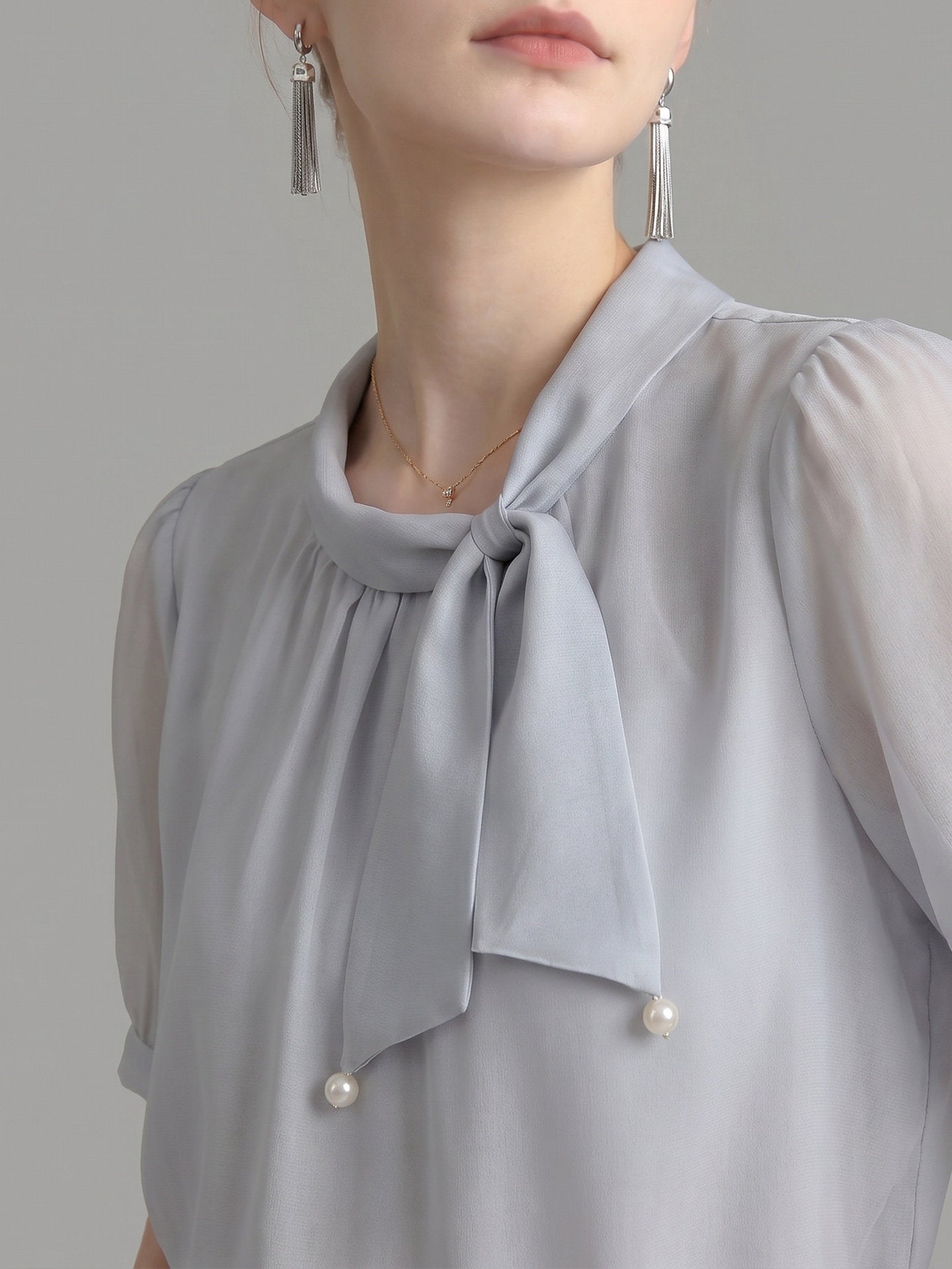 O1CN01uFSZk11fP8c51YF5n__163593998 PEARL DECOR TIE NECK PUFF SHORT SLEEVE SATIN BLOUSE