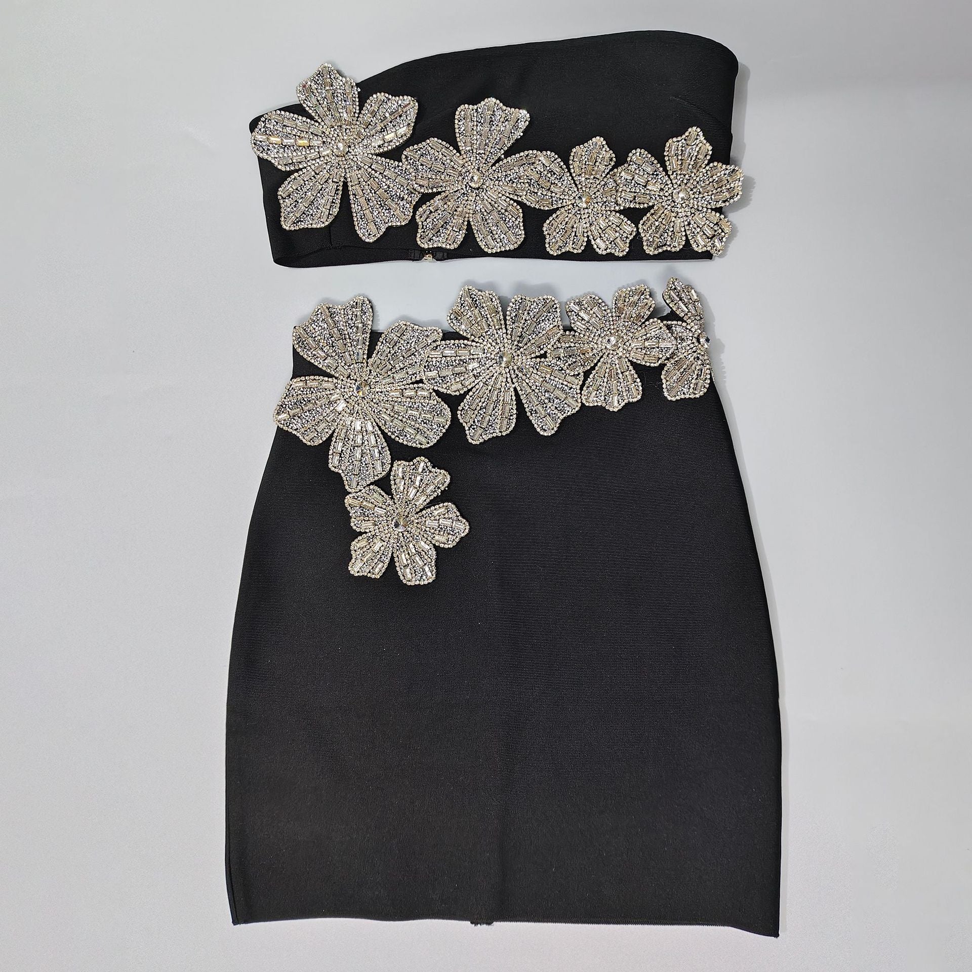 BLACK STRAPLESS TUBE TOP & PENCIL SKIRT SET, FITTED EVENING WEAR