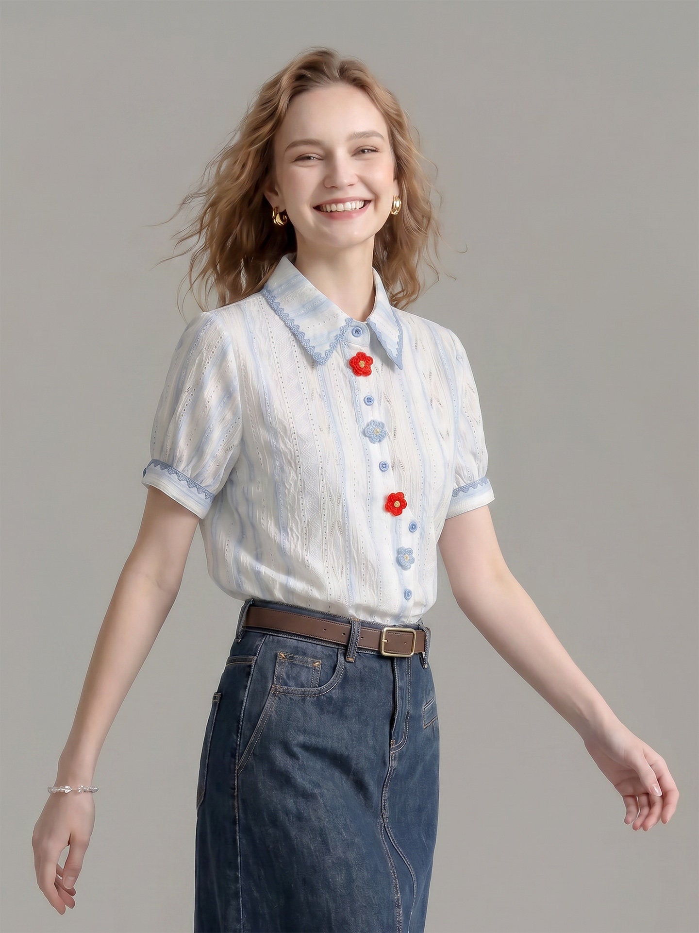 O1CN01uiRZaf1fP8cRKbVPd__163593998 STRIPED EYELET SHIRT WITH LACE TRIM & 3D FLORAL BUTTONS