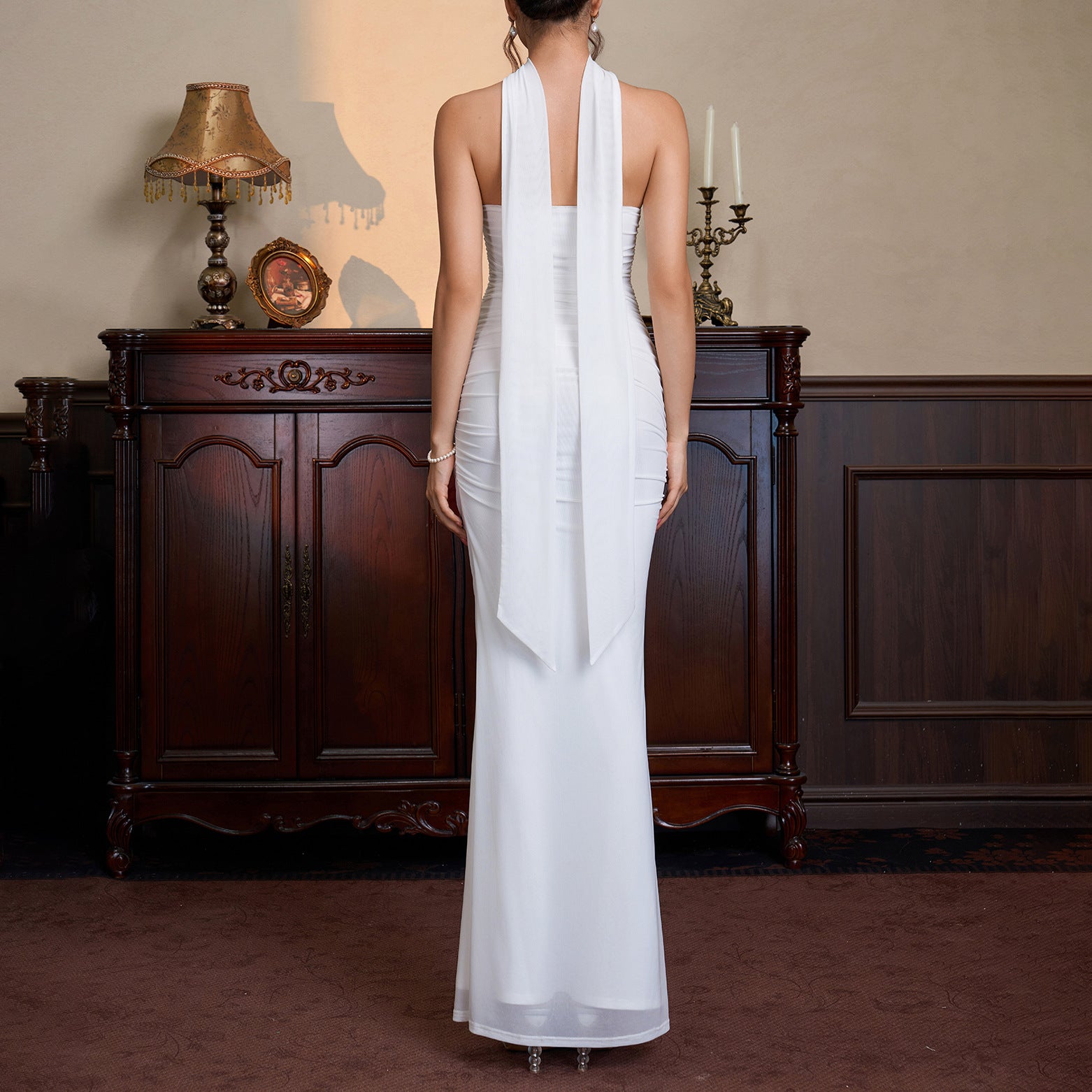 RUCHED MESH HALTER CHOKER MIDI DRESS