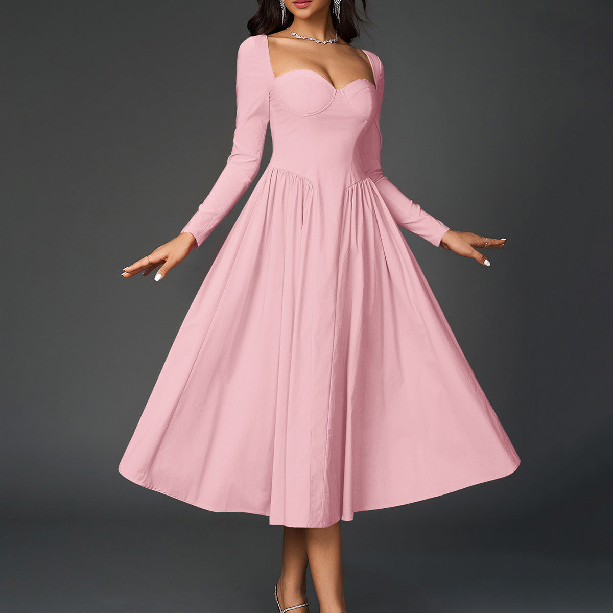 LONG SLEEVE SWEETHEART CORSET FLARED MIDI DRESS