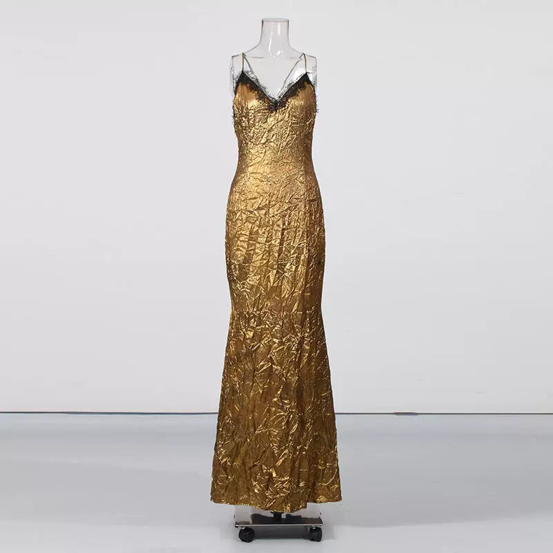 O1CN01vLo8Sg293YQnUU7Mt__3998398012 GOLD LACE TRIM MERMAID MAXI DRESS, SPAGHETTI STRAP EVENING GOWN