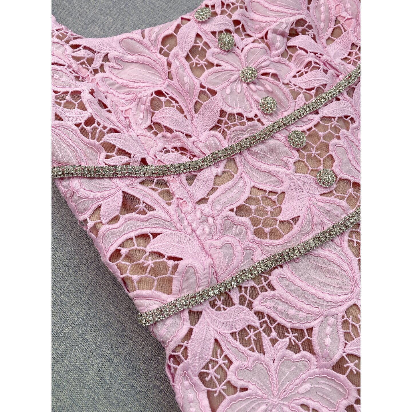 LIGHT PINK LACE FIT-AND-FLARE MINI DRESS