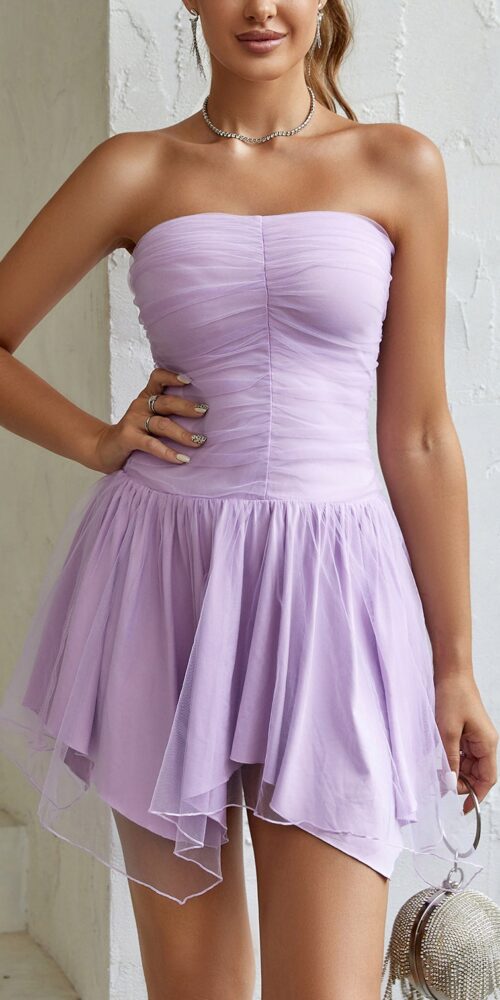 STRAPLESS RUCHED TULLE SKATER MINI DRESS