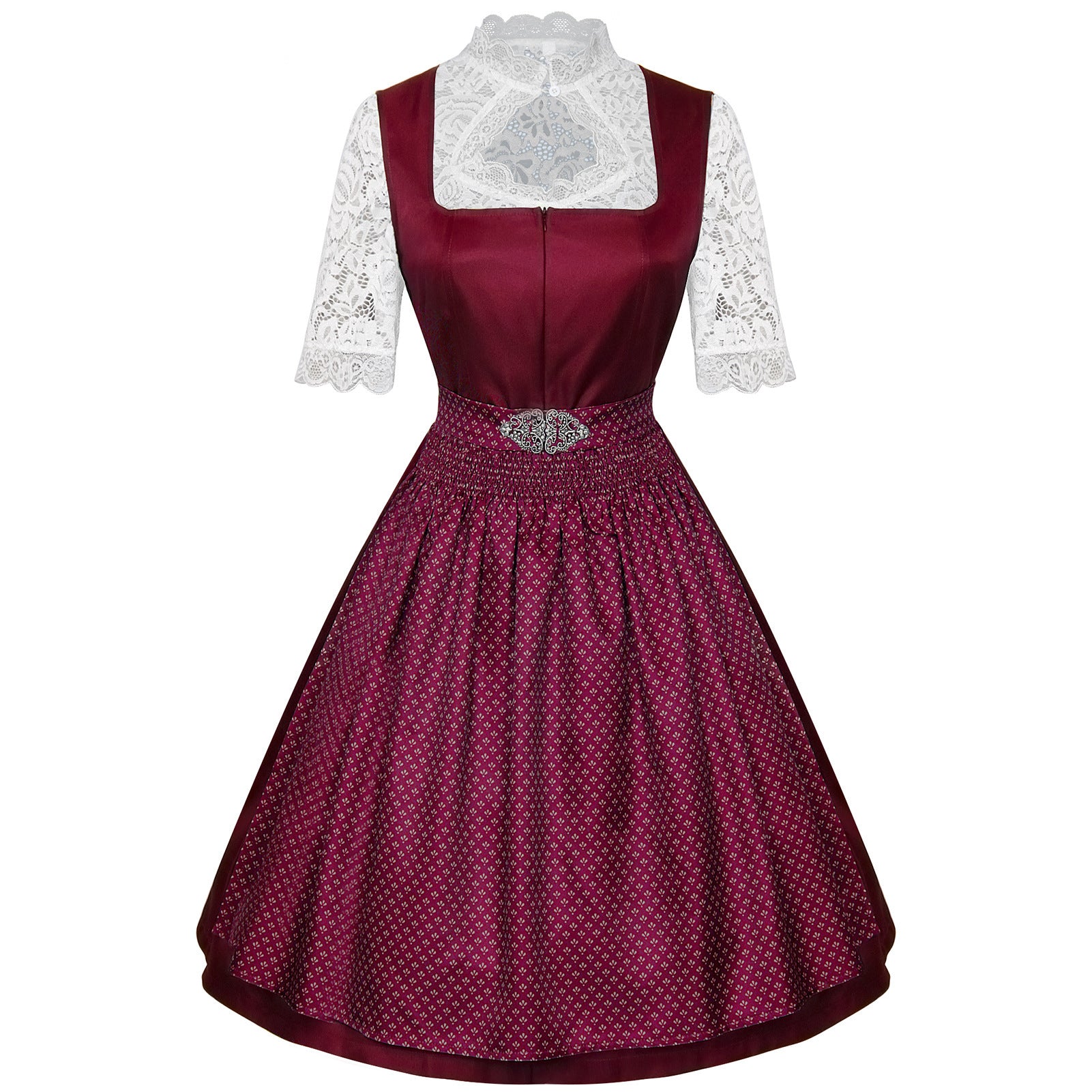 BURGUNDY SATIN DIRNDL DRESS SET - FIT & FLARE WEDDING GUEST