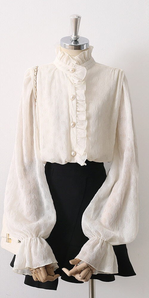 RUFFLED STAND COLLAR PEARL BUTTON LANTERN SLEEVE BLOUSE
