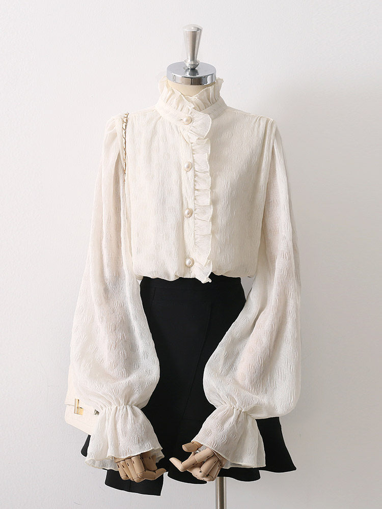 O1CN01wIJdrW1fP8G5kkMsY__163593998 RUFFLED STAND COLLAR PEARL BUTTON LANTERN SLEEVE BLOUSE