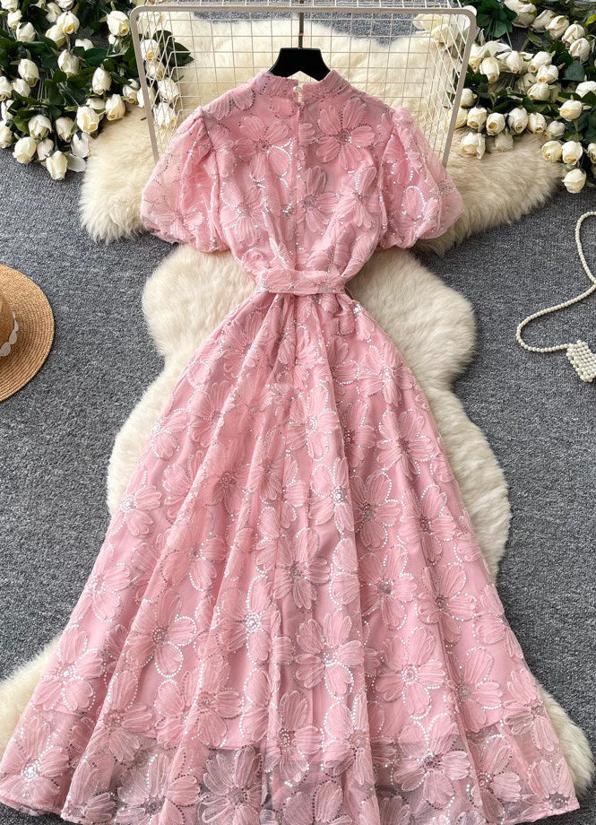 LIGHT PINK SHEER ORGANZA A-LINE MIDI DRESS FLORAL APPLIQUE