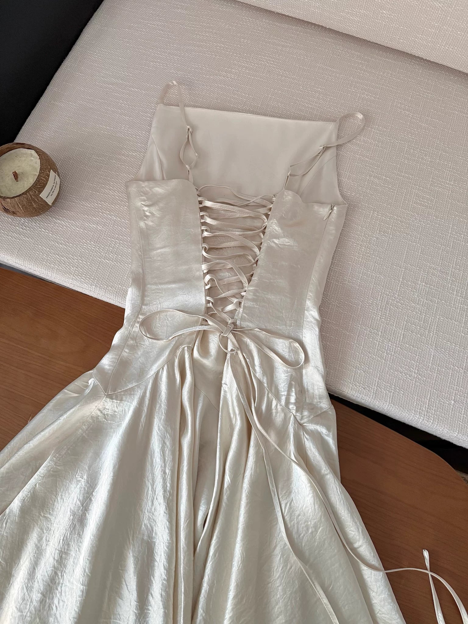 IVORY SATIN MIDI SLIP DRESS, SPAGHETTI STRAP LACE HEM