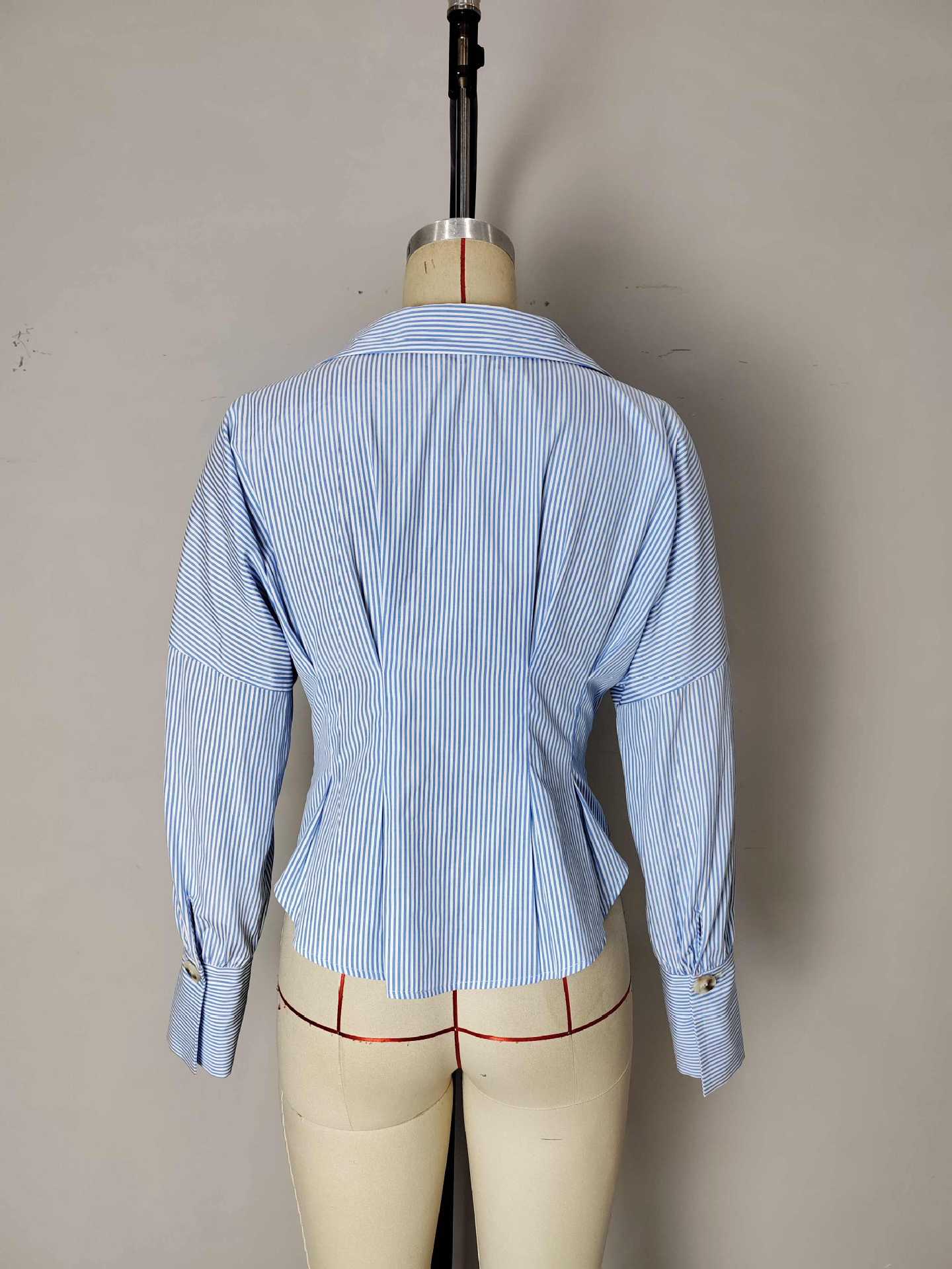 BLUE WHITE STRIPE OFF SHOULDER COLLARED CINCHED WAIST PEPLUM SHIRT