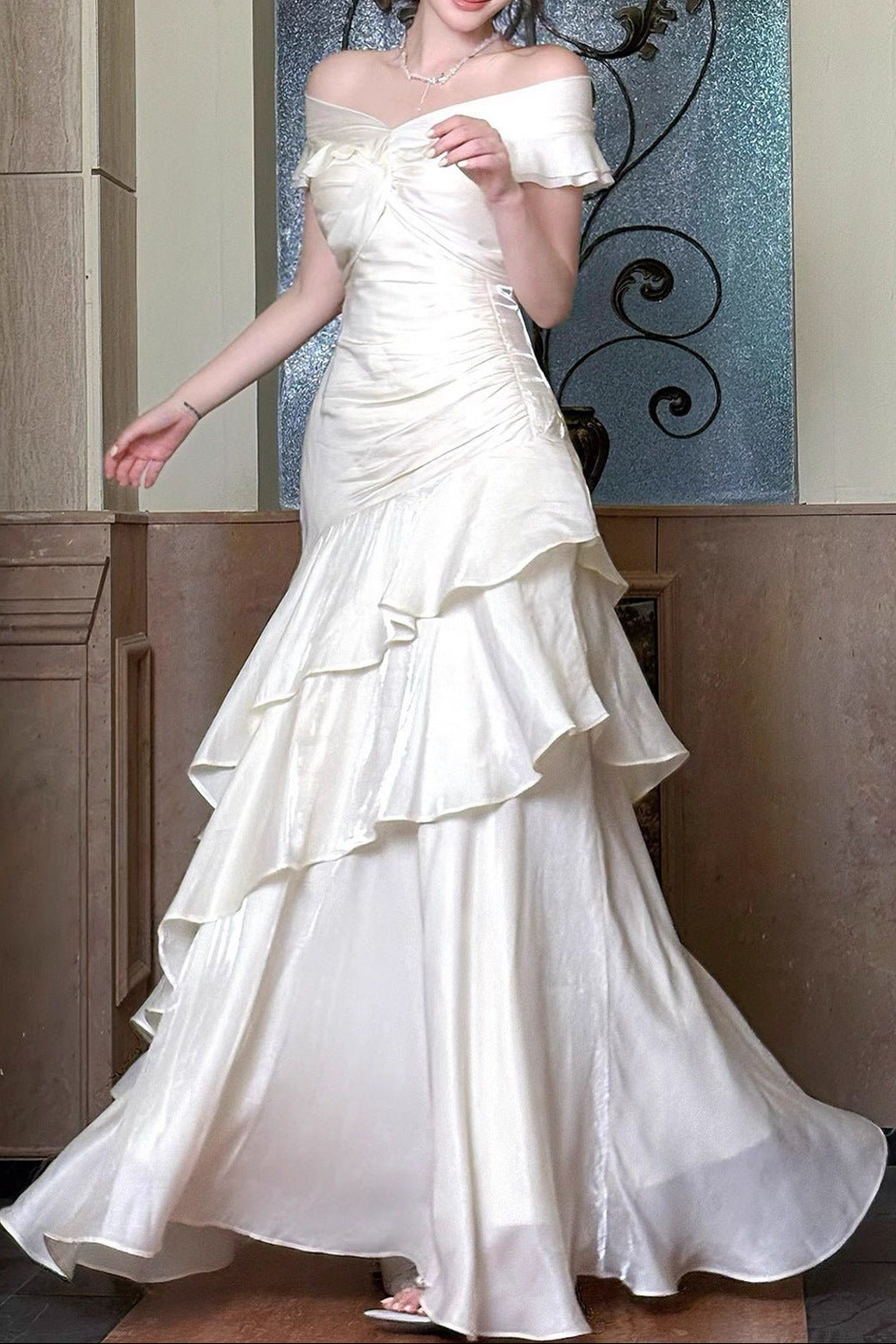O1CN01xdcIuG1NwsfWG1rYH__2218750891635-0-cib OFF SHOULDER TWIST RUCHED TIERED RUFFLE SATIN MAXI DRESS