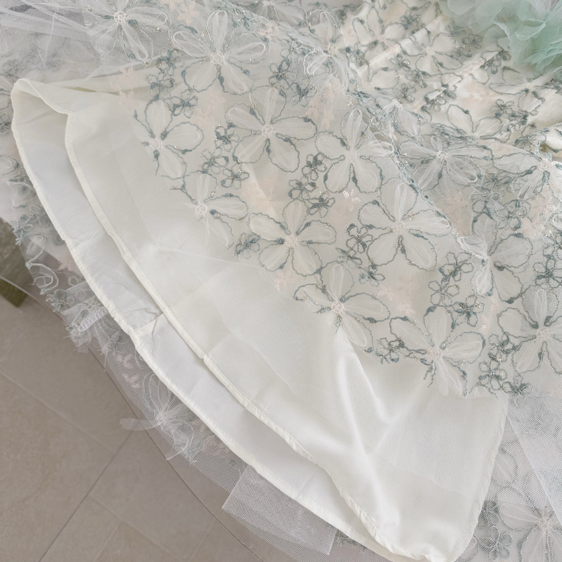 O1CN01xxCme6UldEF3thOC__2217019903802-0-cib PALE SAGE ORGANZA FLORAL EMBROIDERED FIT-FLARE MINI DRESS