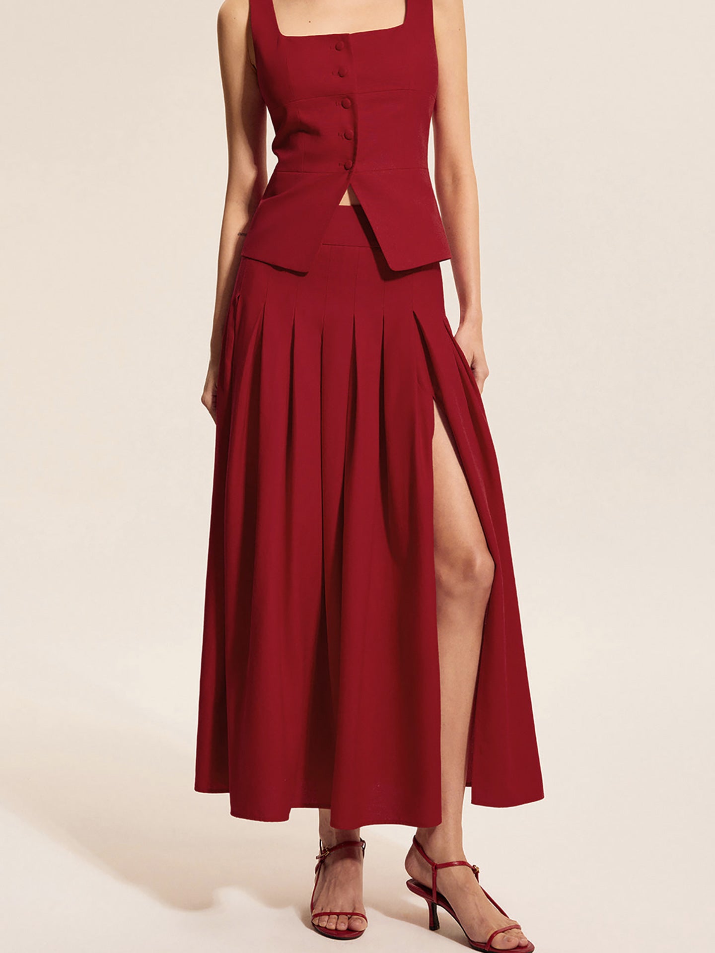 O1CN01yEME3u1zMCID0w1fJ__2217524266699-0-cib BURGUNDY SQUARE NECK VEST & SLIT MIDI SKIRT TWO-PIECE SET