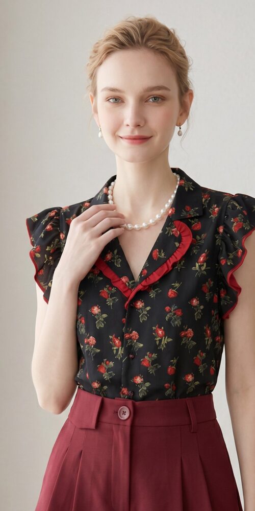 RED ROSE RUFFLE SLEEVELESS SHIRT FOR WEDDING GUEST