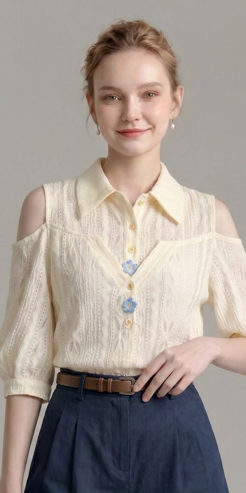 COLD SHOULDER EYELET BLOUSE, PUFF SLEEVE, POINT COLLAR TOP