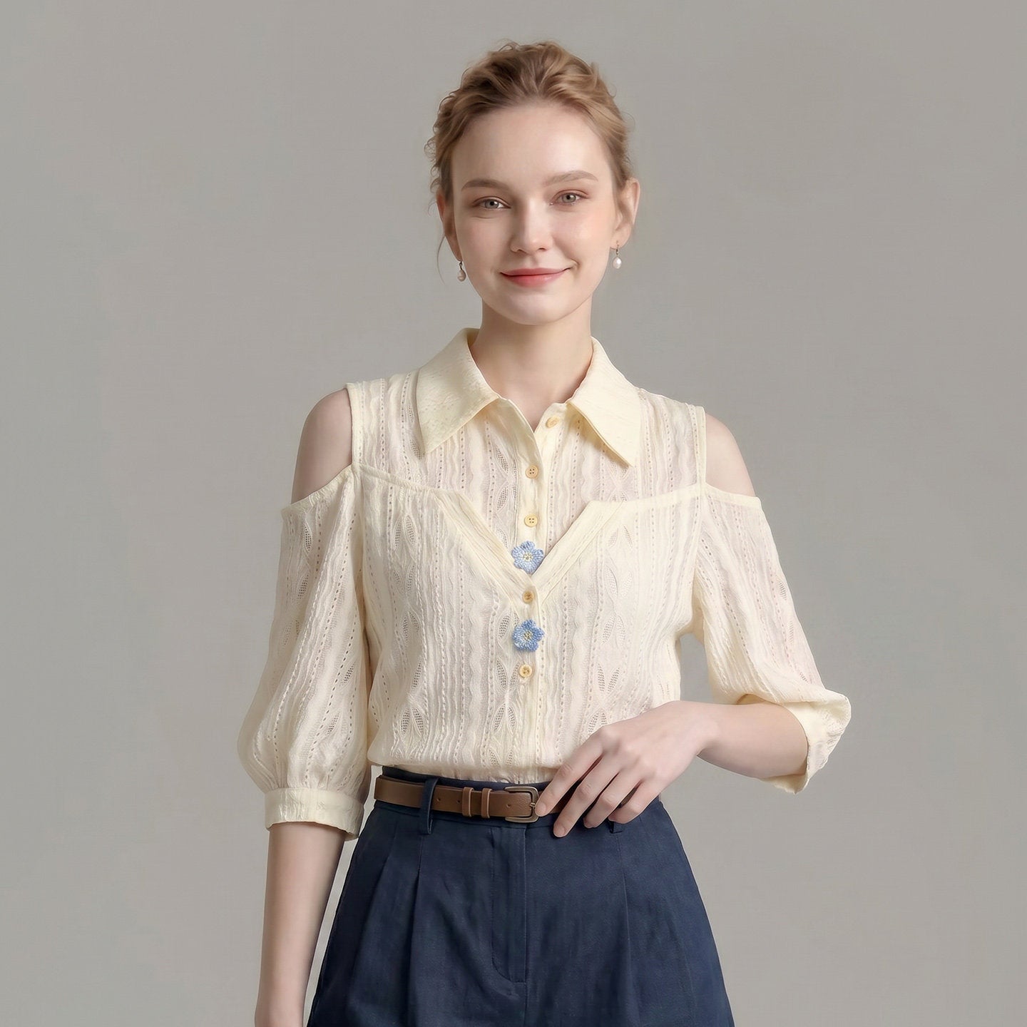 O1CN01yVFME21fP8cPZIP34__163593998 COLD SHOULDER EYELET BLOUSE, PUFF SLEEVE, POINT COLLAR TOP