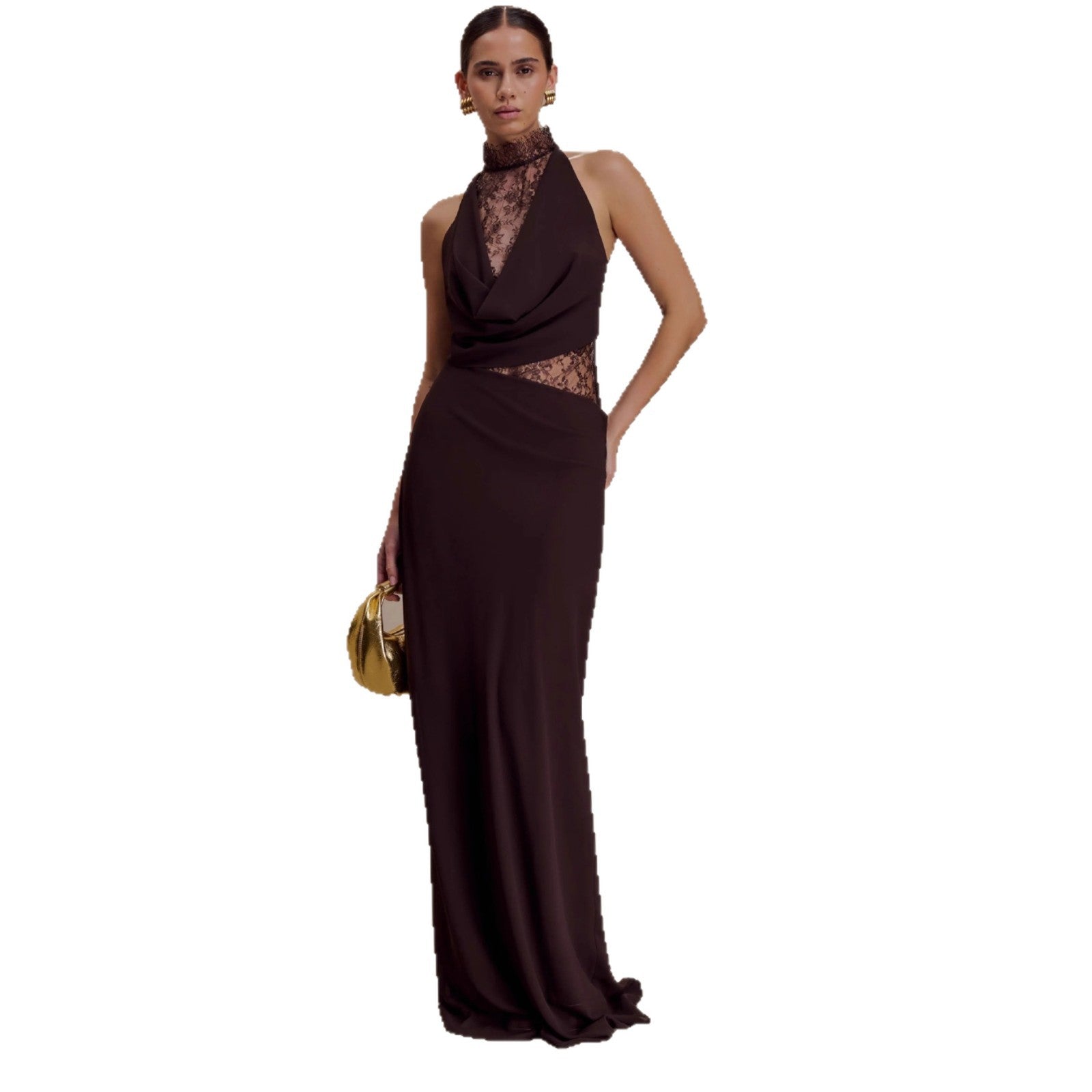 HALTER LACE CUTOUT DRAPED MAXI GOWN