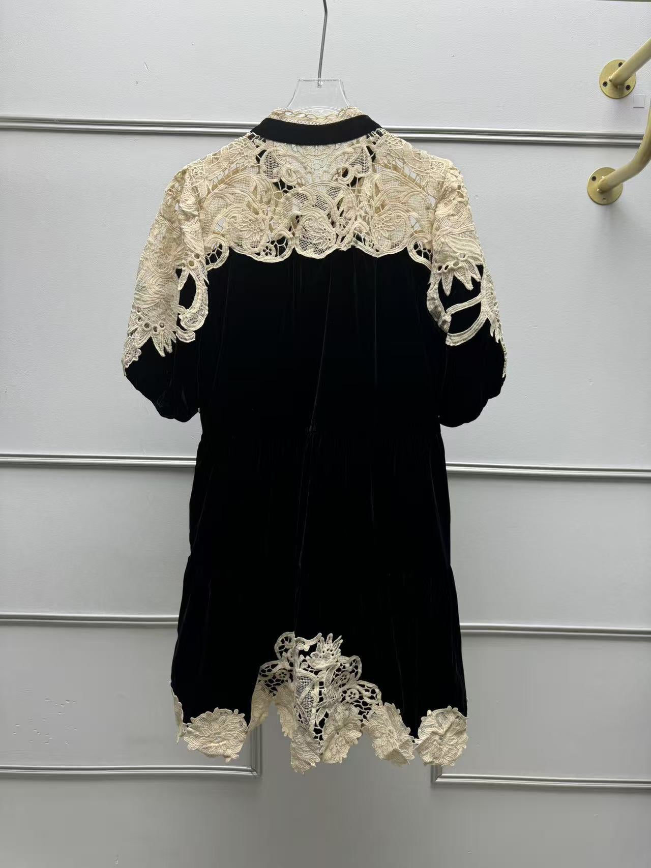 BLACK VELVET BABYDOLL A-LINE DRESS WITH LACE OVERLAY