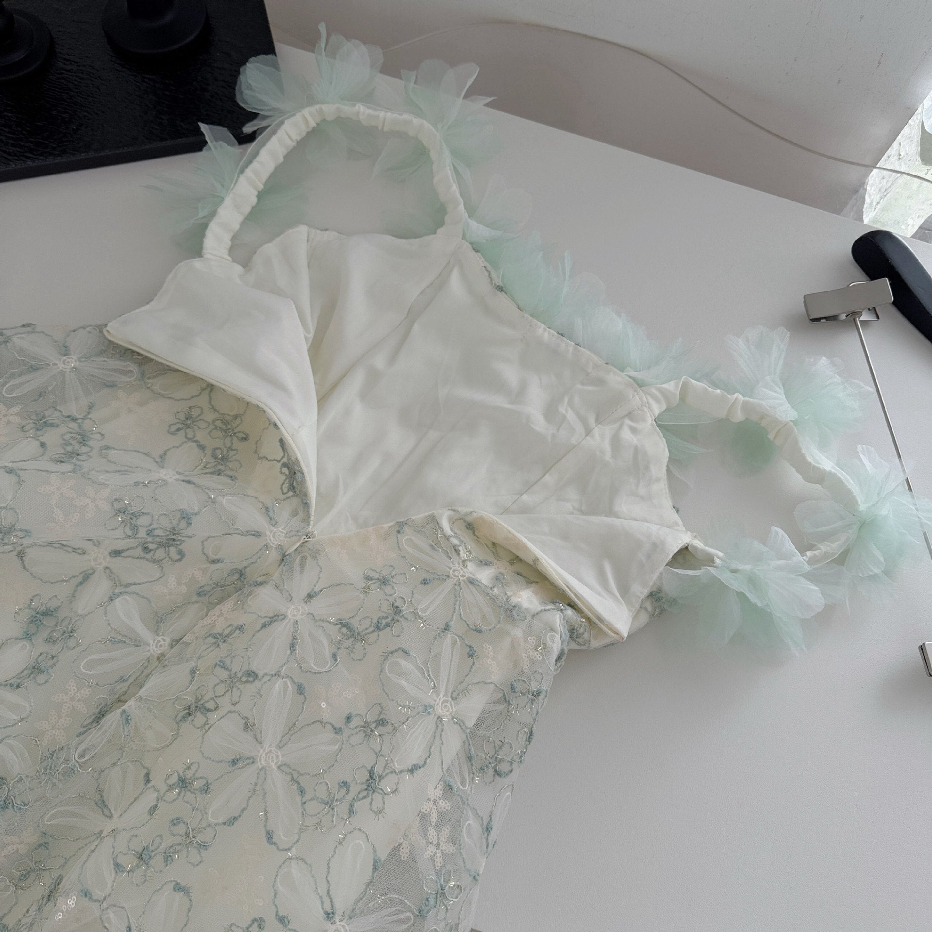 O1CN01zMdq81qzHlJ3thOC__2217019903802-0-cib PALE SAGE ORGANZA FLORAL EMBROIDERED FIT-FLARE MINI DRESS