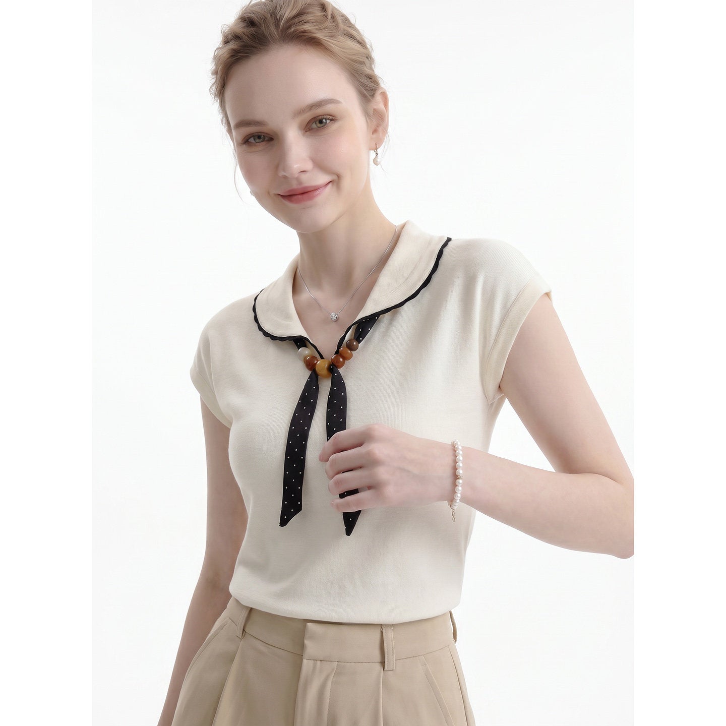 O1CN01zjzrHk1fP8cP0ruFr__163593998 SCALLOPED COLLAR POLKA DOT BOW CAP SLEEVE KNIT TOP