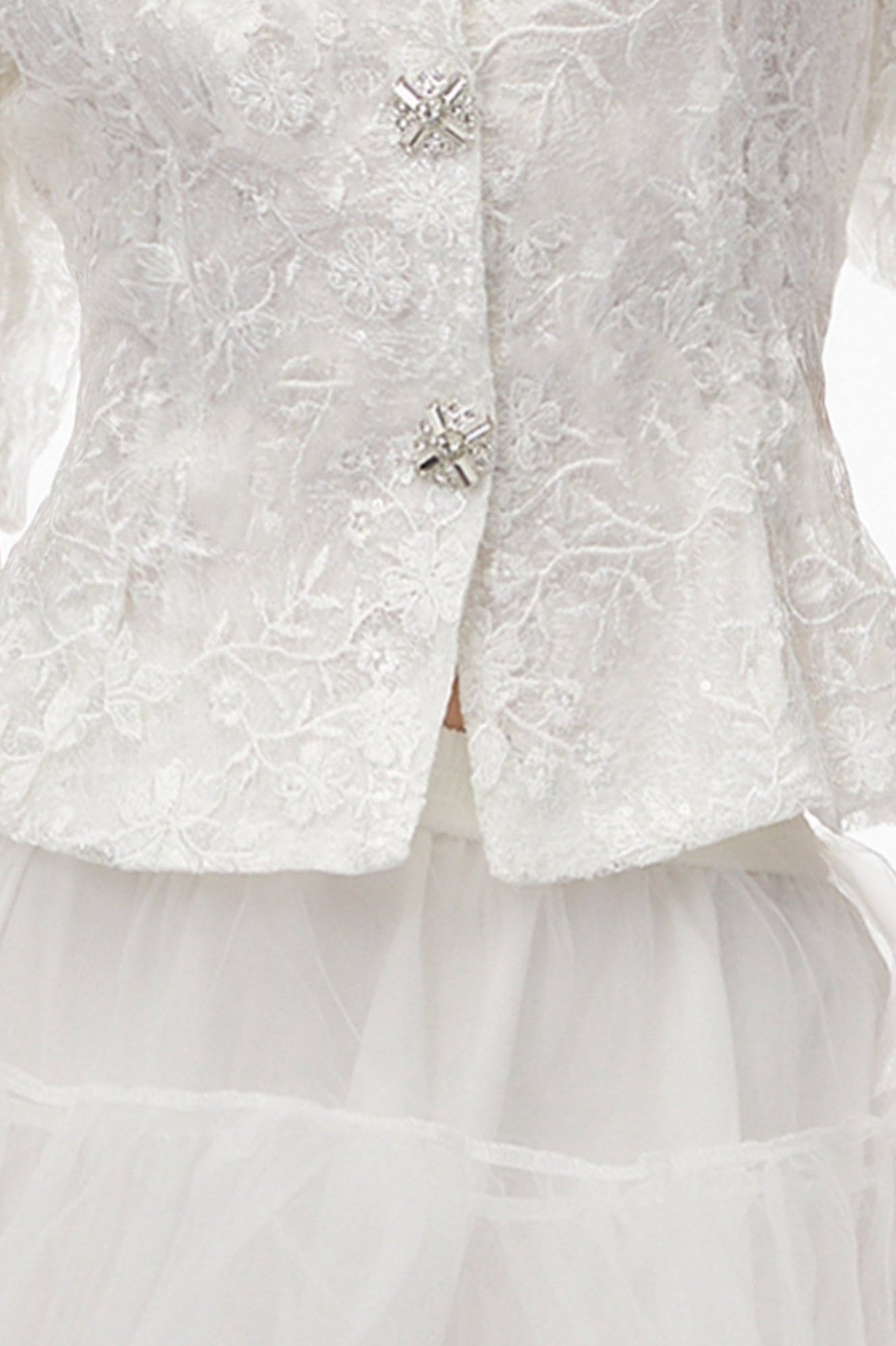 PolinaWhiteFloralEmbroideredBlouse_1 LACE PUFF SLEEVE CROP JACKET & TIERED TULLE MINI SKIRT SET