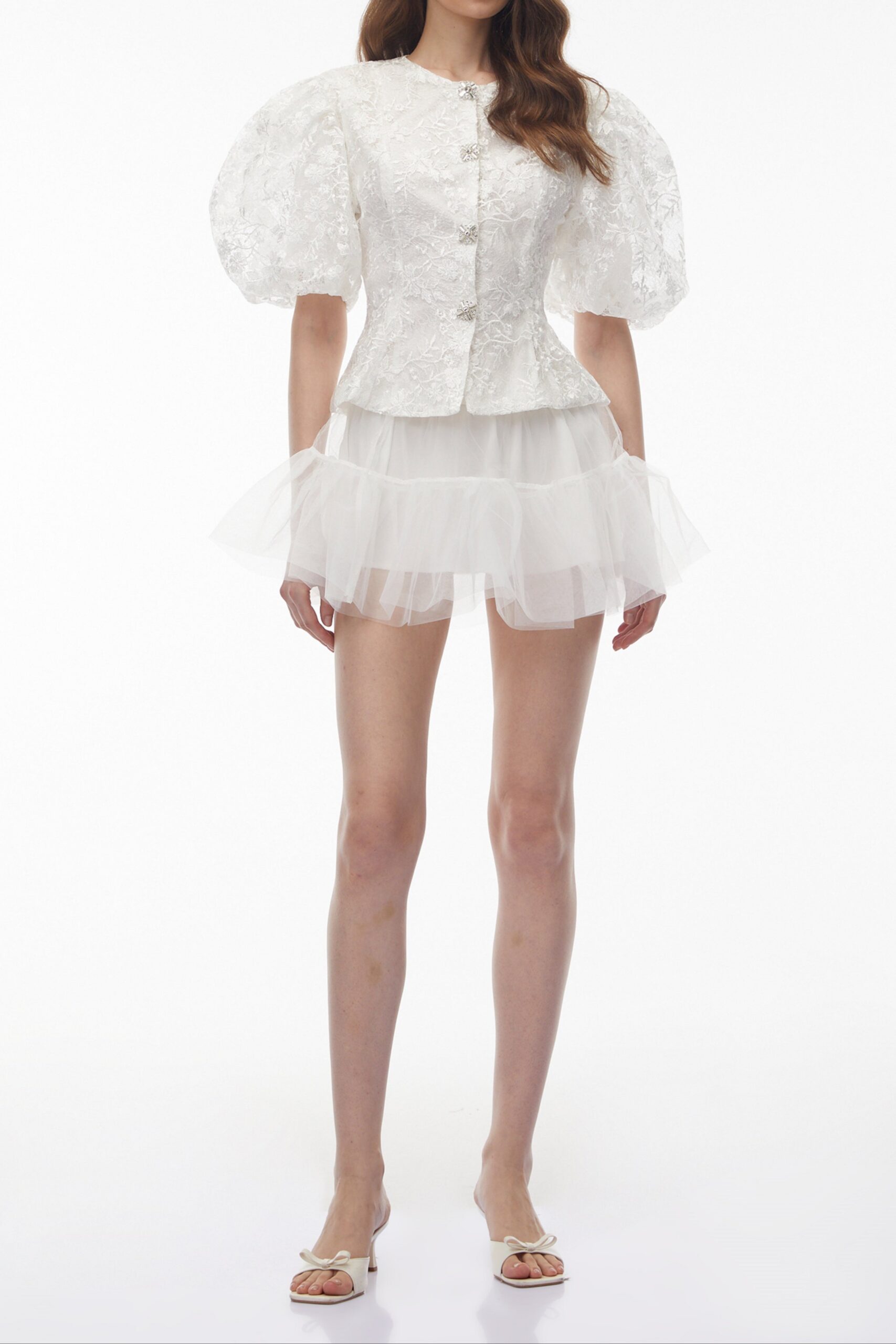 PolinaWhiteFloralEmbroideredBlouse_3 LACE PUFF SLEEVE CROP JACKET & TIERED TULLE MINI SKIRT SET