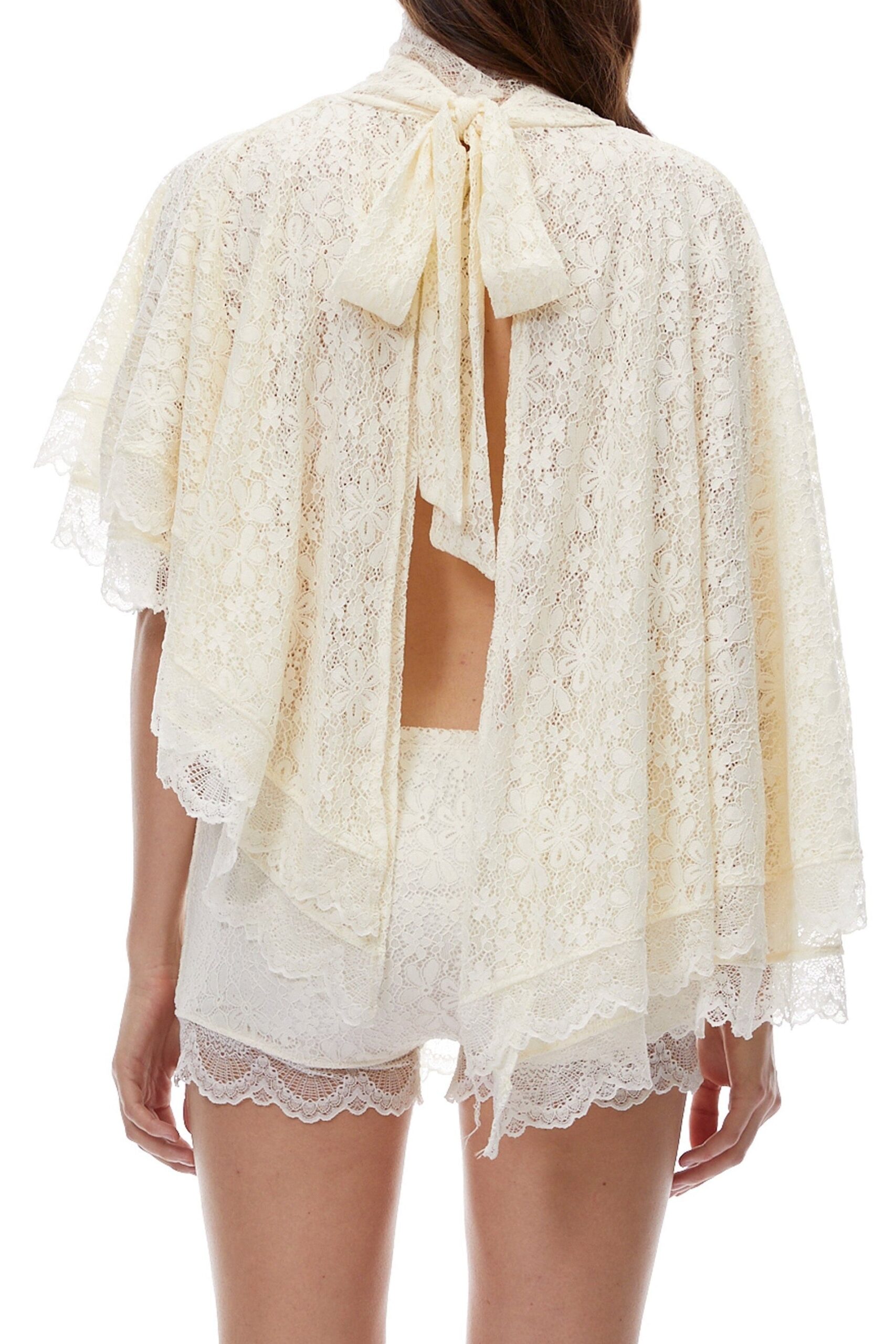 PriscillaWhiteTurtleneckLaceTop_ShortsSet_3 CREAM LACE CAPE BLOUSE & SHORTS TWO-PIECE WEDDING SET