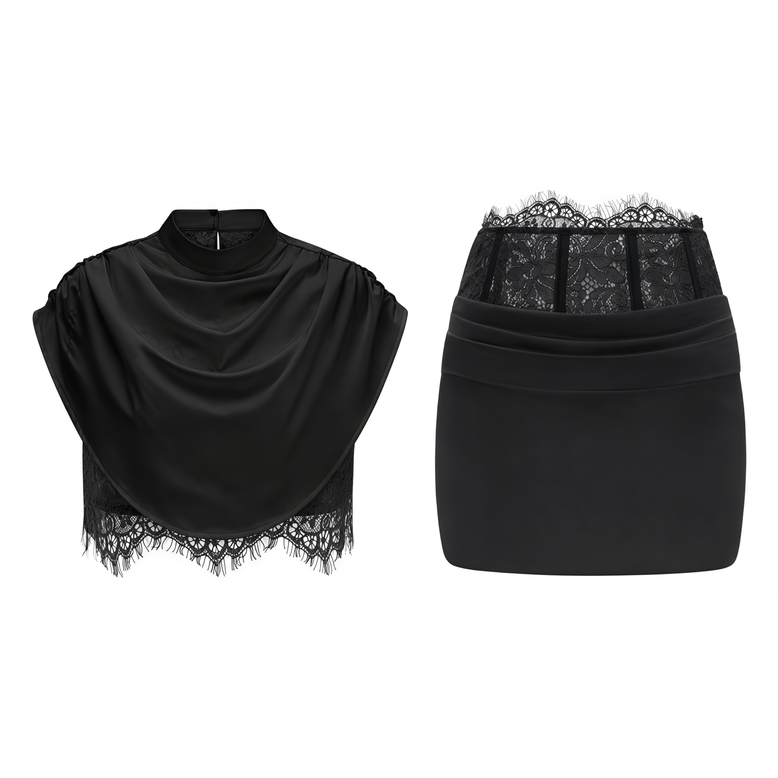 SiosiBlackRuchedTop_SkirtSetwithLaceTrim_5_40b1ef18-f894-4d3a-9101-39791bda7f5f BLACK SATIN CORSET CROP TOP & RUCHED MINI SKIRT SET