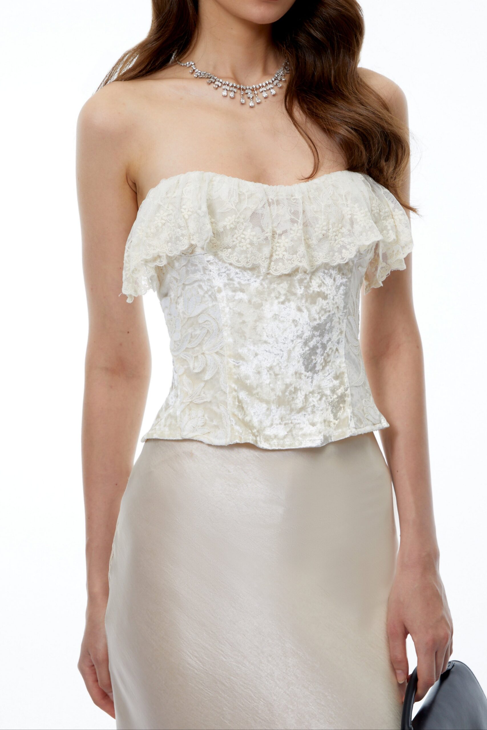 ThoraWhiteOffShoulderLaceTop_4 STRAPLESS VELVET JACQUARD CORSET TOP WITH LACE RUFFLE